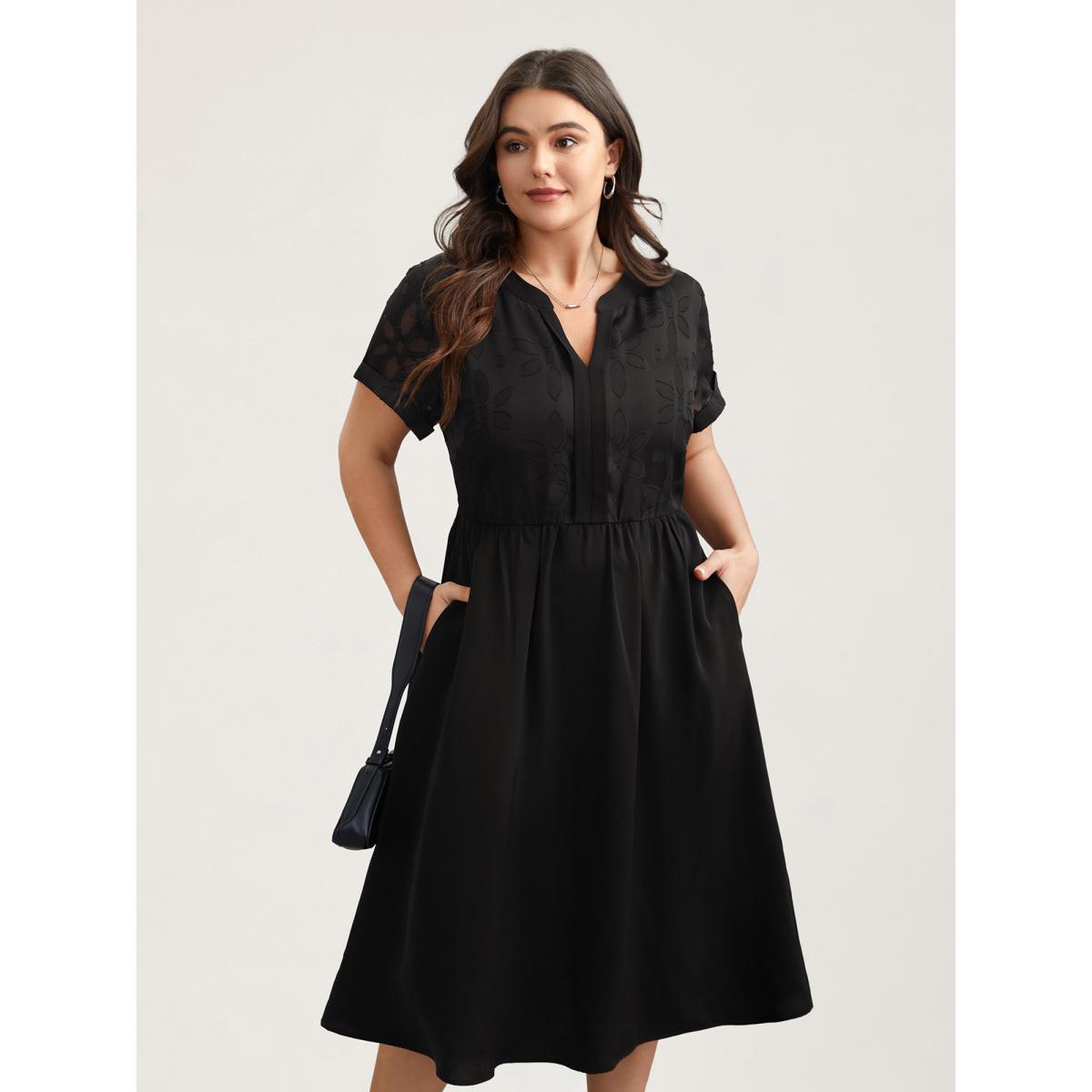Plus Size Sheer Back Textured Cut-Out Midi Dress Black Women Office Texture Notched collar Short sleeve Curvy BloomChic 14-16/1X Product Image