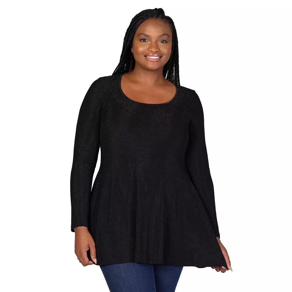 Plus Size 24Seven Comfort Apparel Scoopneck Shimmery Long Sleeve Tunic Top, Women's, Size: 2XL, Black Product Image