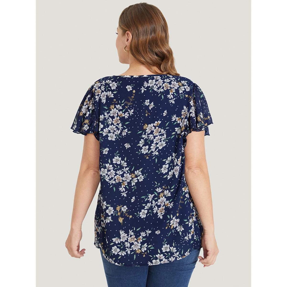 Plus Size Indigo Floral Printed Ruffle Sleeve Round Neck Blouse Women Elegant Short sleeve Round Neck Dailywear Blouses BloomChic 26/4X Product Image