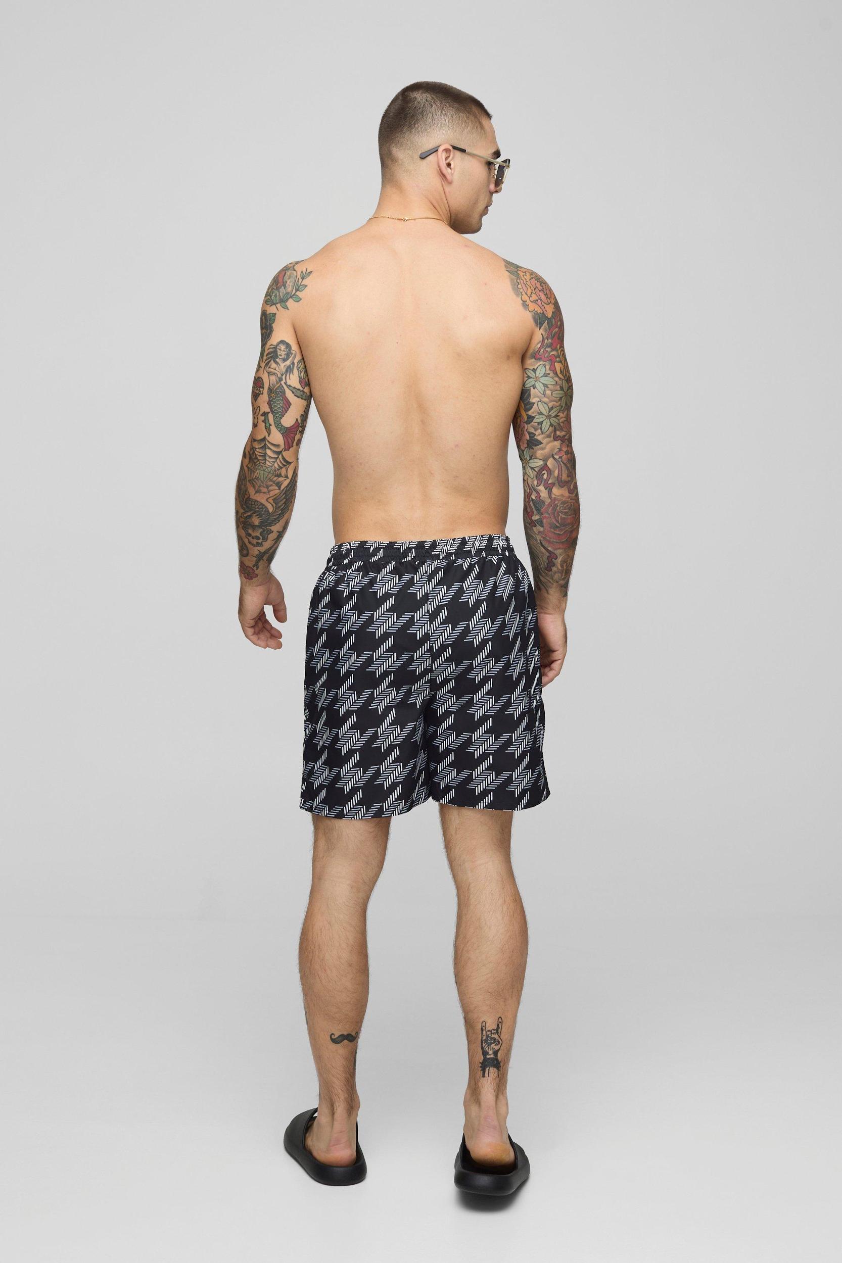 Houndstooth Print Mid Length Swim | boohooMAN USA Product Image