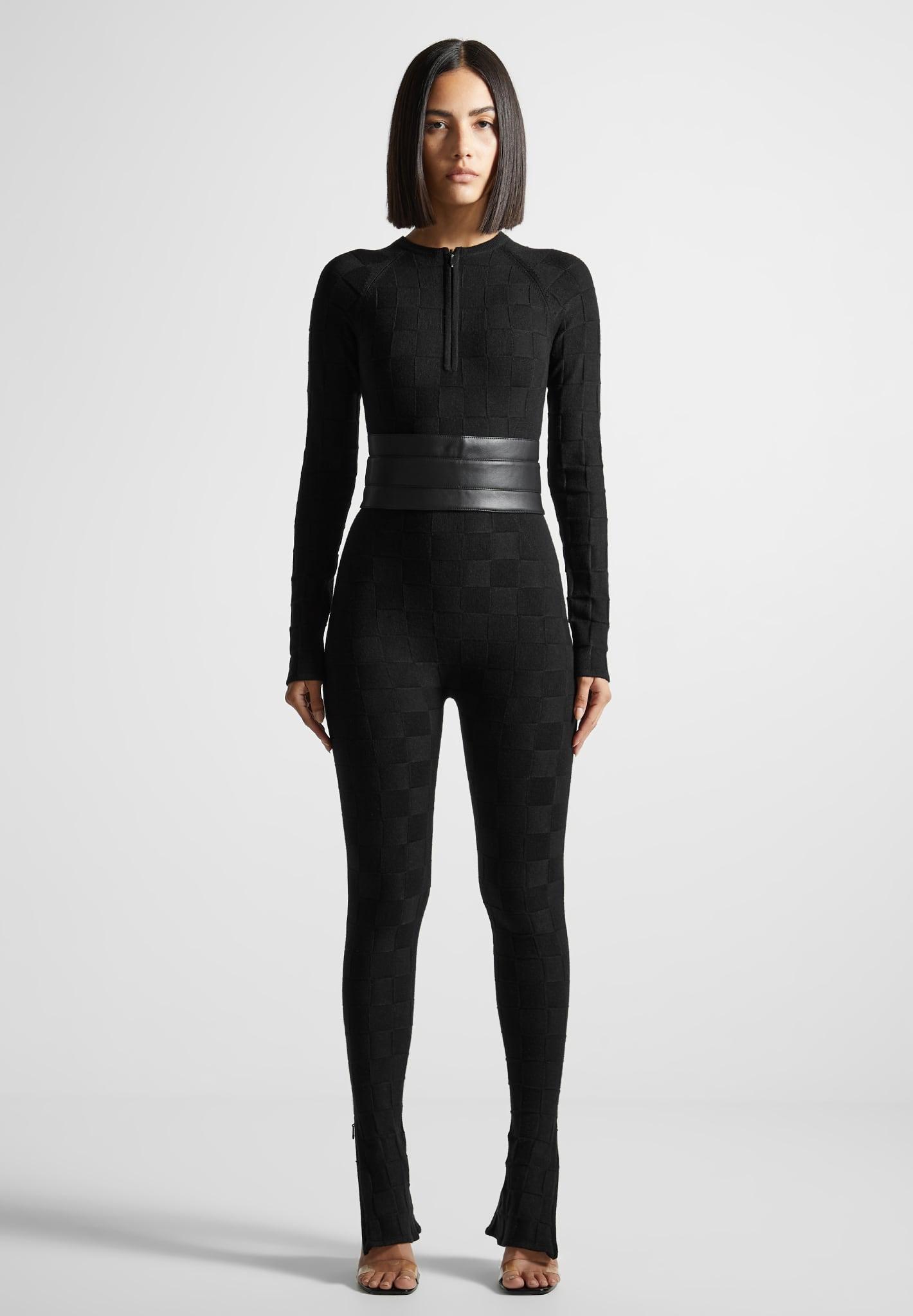 Chequerboard Knit Jumpsuit with Belt - Black Female Product Image