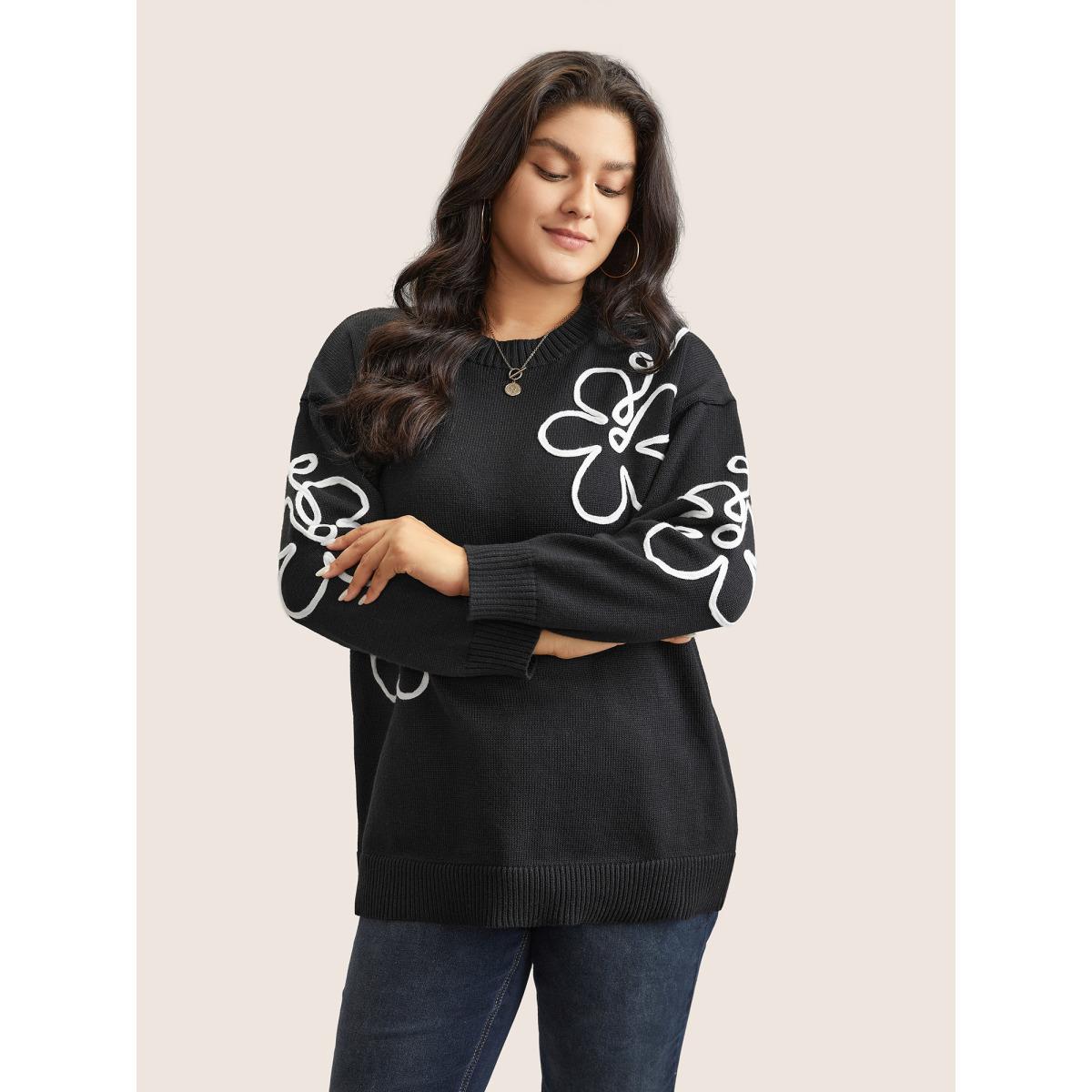 Plus Size Supersoft Essentials Floral Embroidered Crew Neck Pullover Black Women Casual Loose Long Sleeve Round Neck Everyday Pullovers BloomChic 30/6X Product Image
