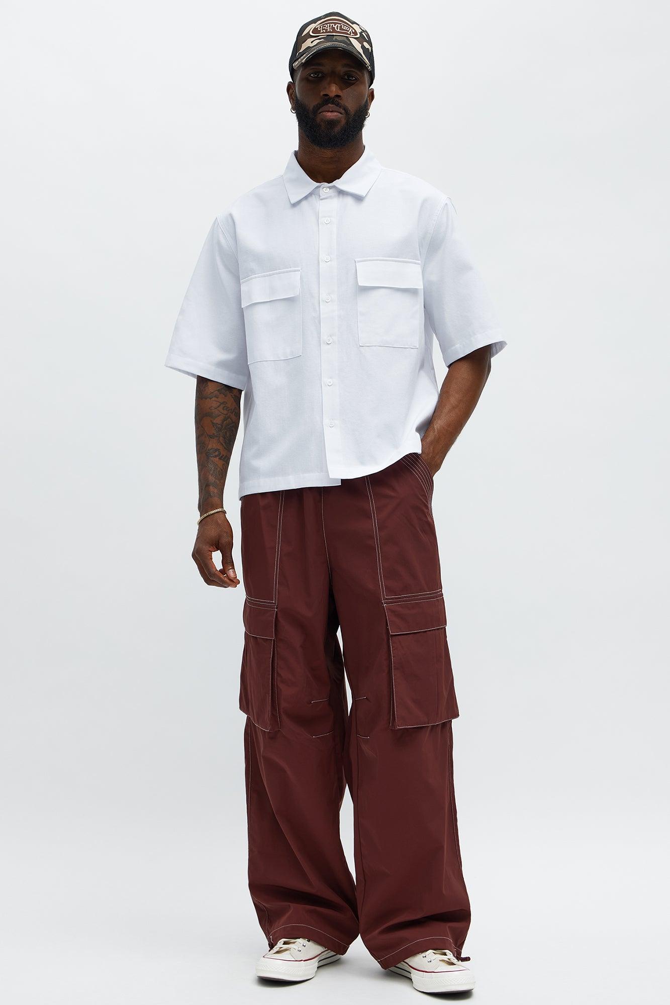 Baggy Stay Moving Contrast Stitch Nylon Cargo Pants - Burgundy Male Product Image