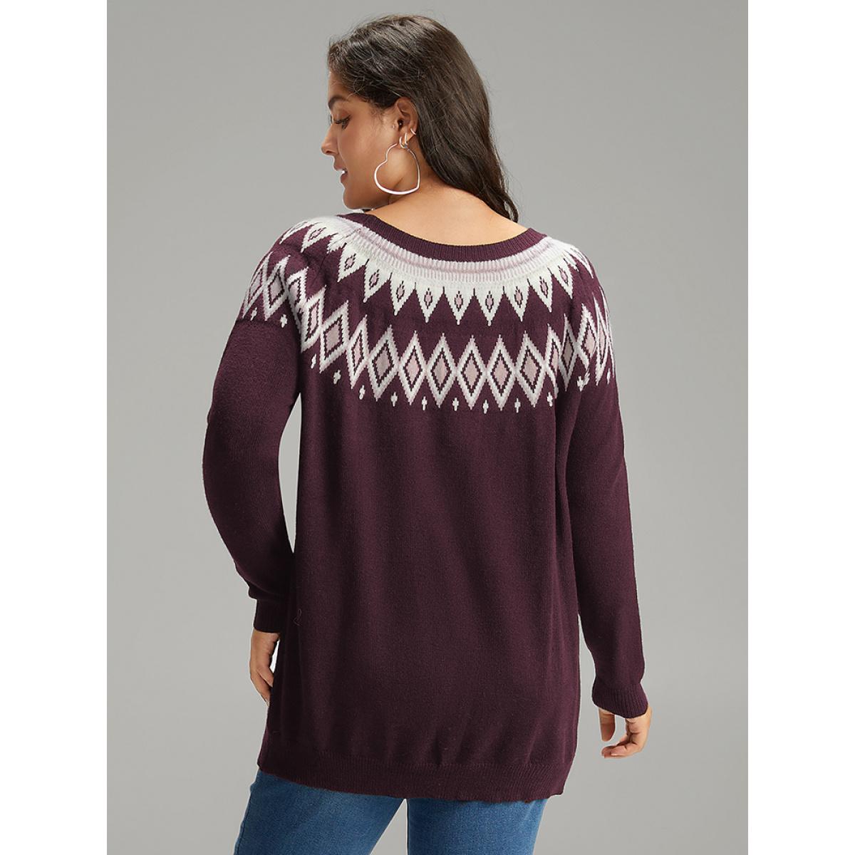 Plus Size Supersoft Essentials Geo Contrast Raglan Sleeve Pullover Eggplant Women Casual Loose Long Sleeve Round Neck Dailywear Pullovers BloomChic 14-16/1X Product Image