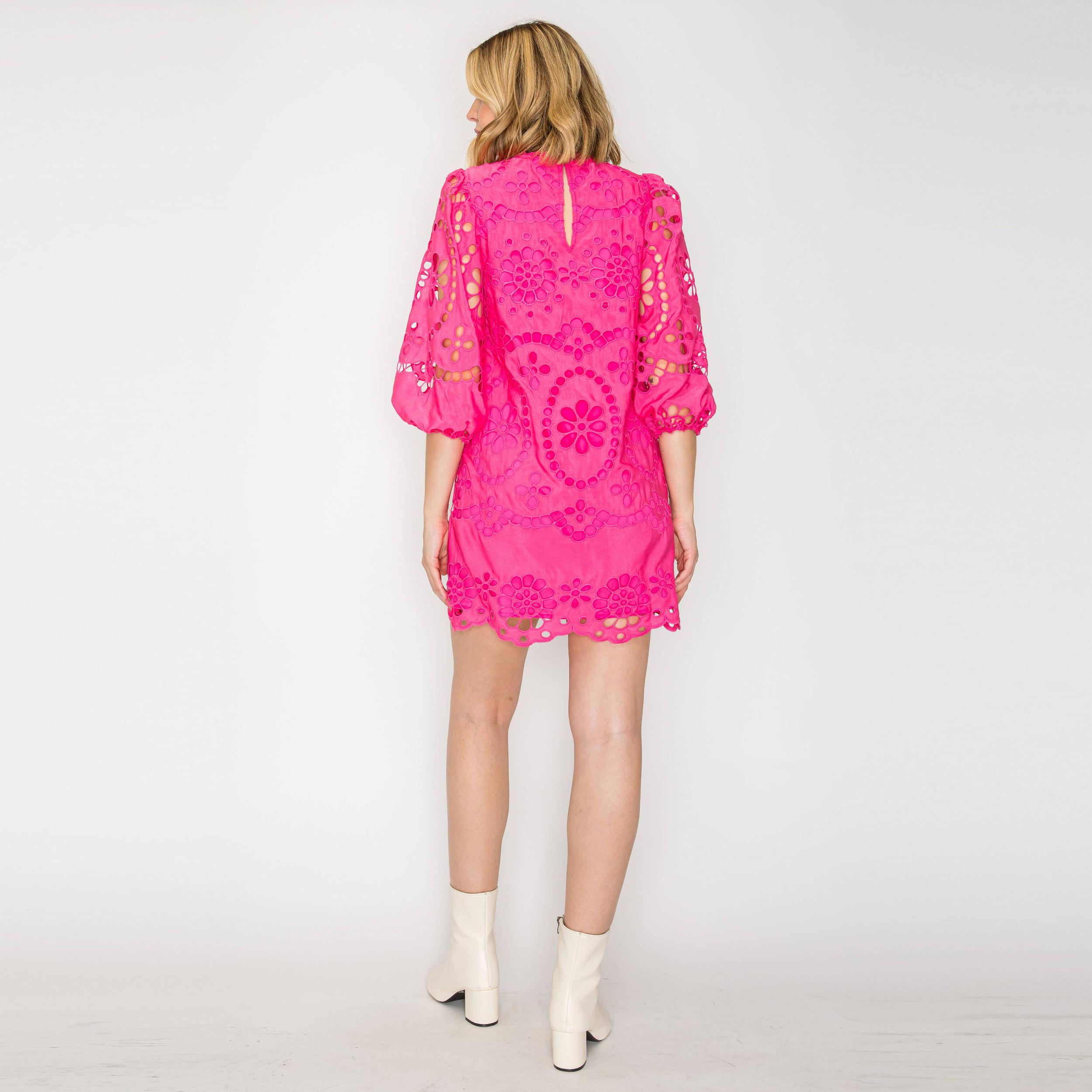 Dragonfruit Pink Daisy Eyelet Mini Dress Product Image
