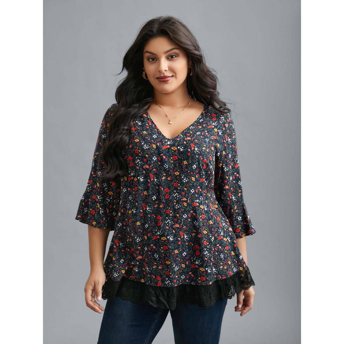 Plus Size Indigo V-Neck Floral Print Lace Hem Blouse Women Elegant Elbow-length sleeve V-neck Everyday Blouses BloomChic 14-16/1X Product Image