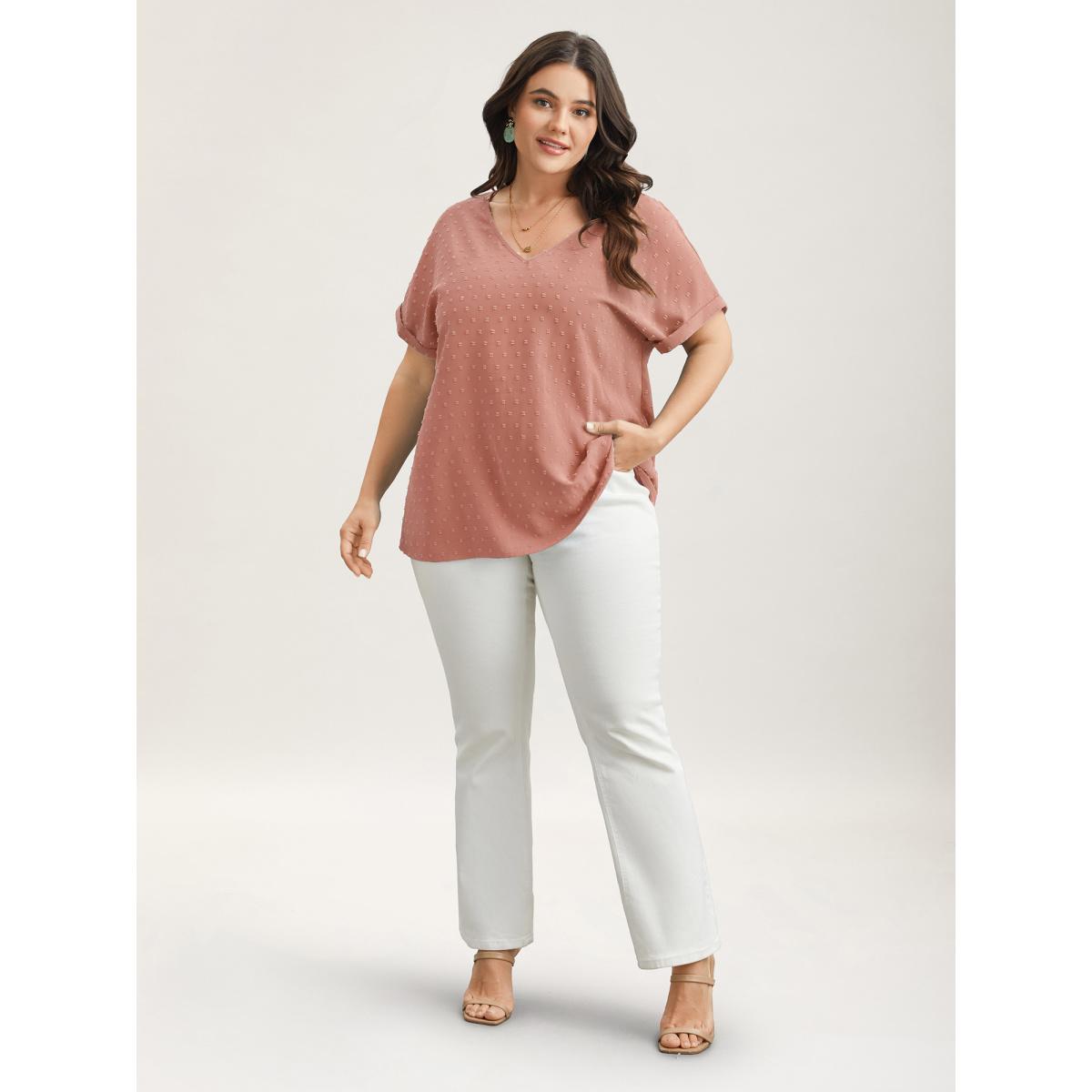 Plus Size Crepe Back-Button Textured V-Neck Shirt Women Timeless Short sleeve V-neck Elegant Blouses BloomChic 18-20/2X Product Image