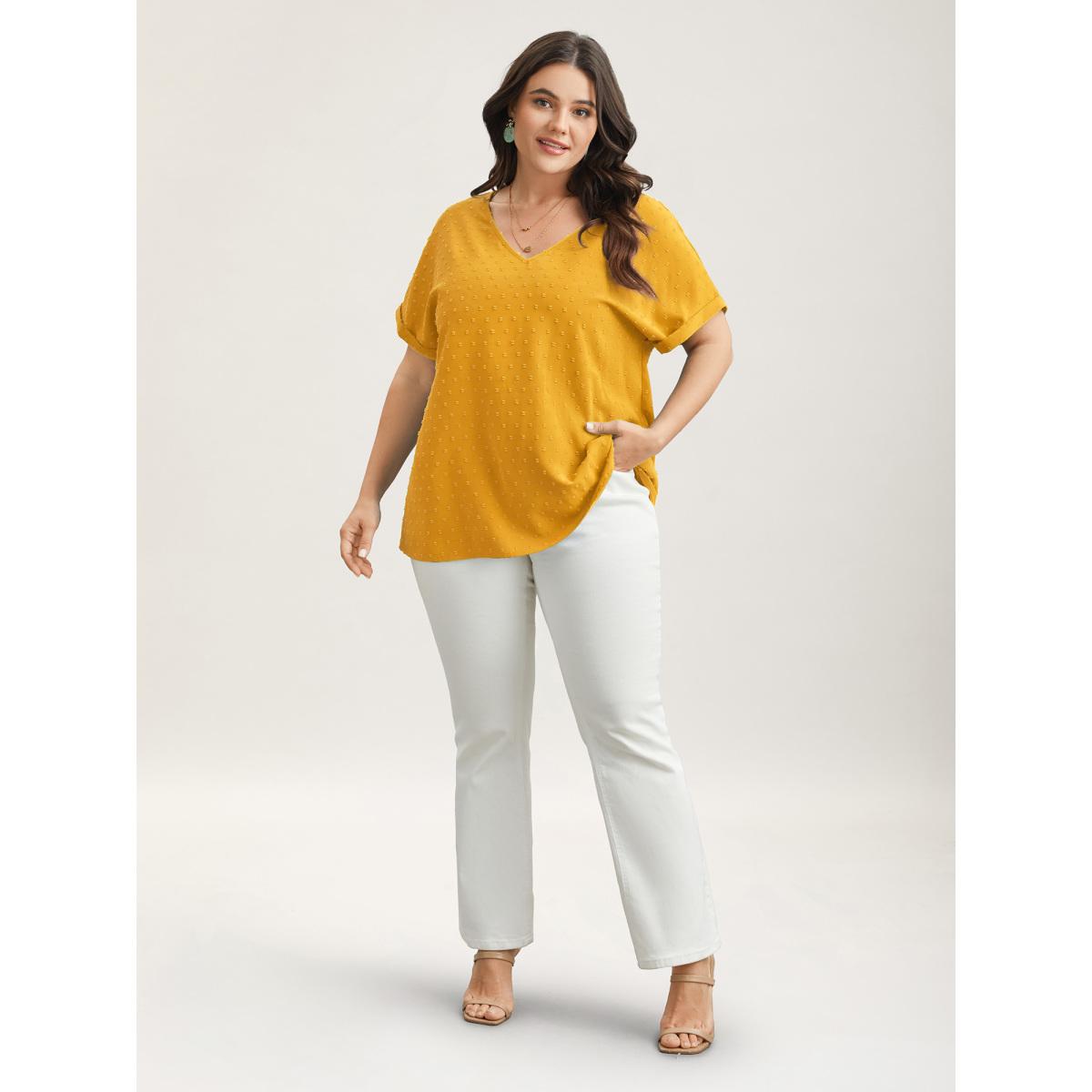 Plus Size Turmeric Back-Button Textured V-Neck Shirt Women Timeless Short sleeve V-neck Elegant Blouses BloomChic 30/6X Product Image