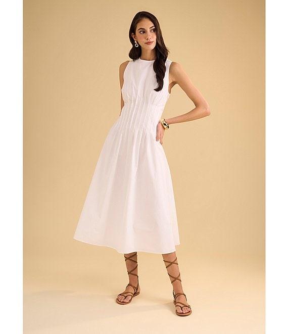 1. STATE Poplin Crew Neckline Sleeveless Pintuck Midi Fit And Flare Midi Dress Product Image