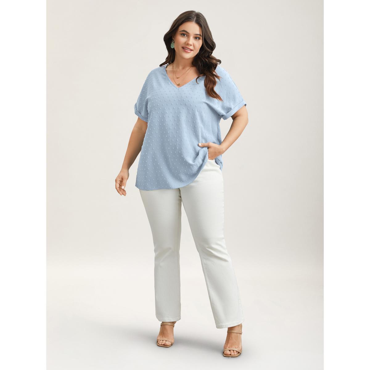 Plus Size LightBlue Back-Button Textured V-Neck Shirt Women Timeless Short sleeve V-neck Elegant Blouses BloomChic 28/5X Product Image