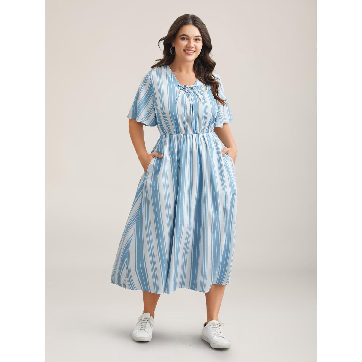 Plus Size Nautical Stripes Neck Tie Midi Dress Cerulean Women Casual Wraparound straps V-neck Half Sleeve Curvy BloomChic 14-16/1X Product Image