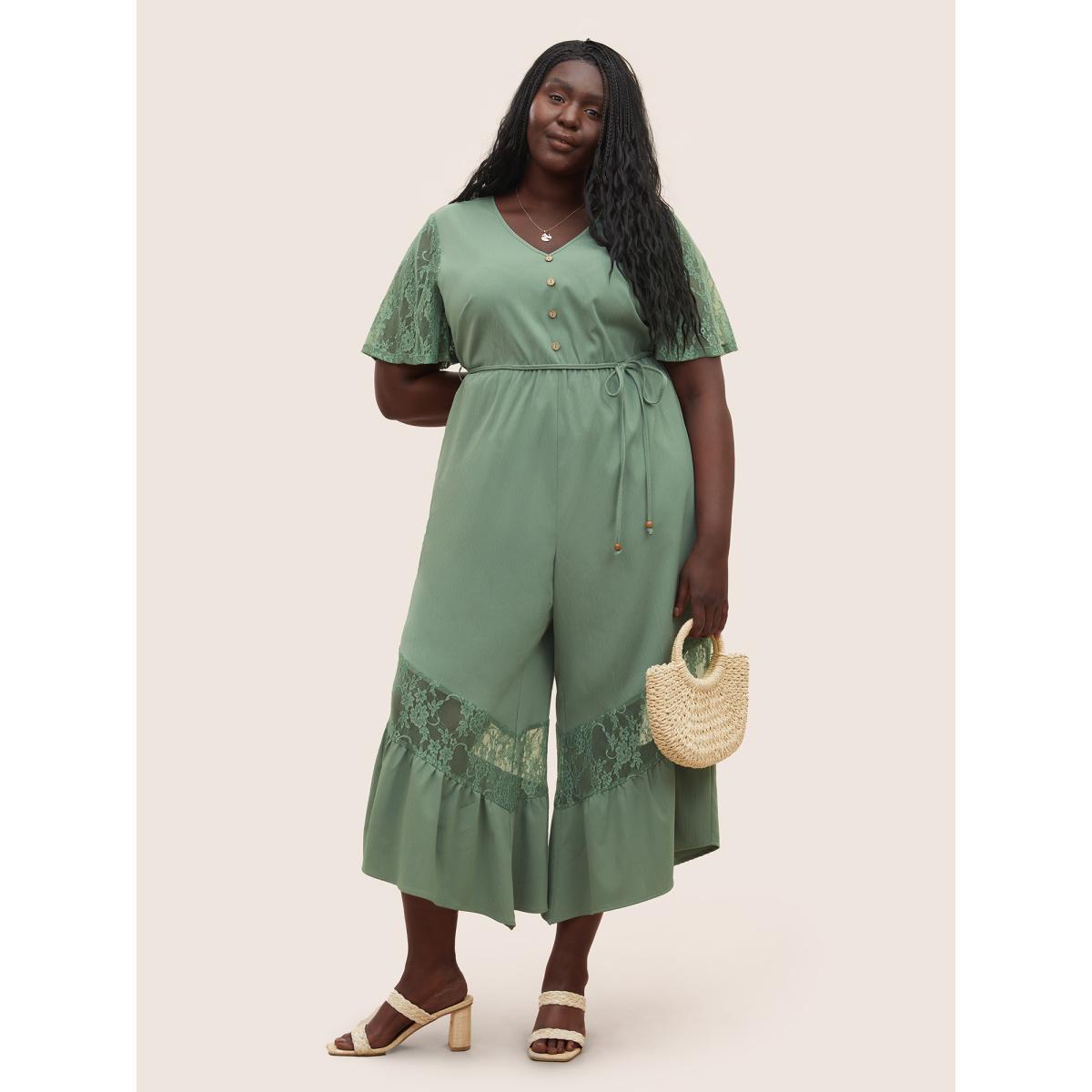 Plus Size Sage Solid Crochet Lace Mesh Ties Jumpsuit Women Resort Short sleeve V-neck Vacation Loose Jumpsuits BloomChic 14-16/1X Product Image