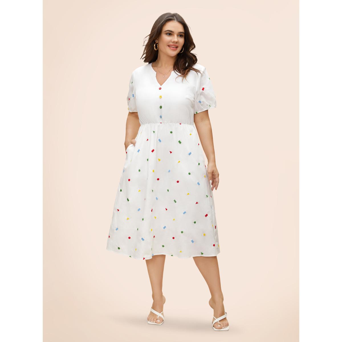 Plus Size Cotton Confetti Print Elastic Waist Midi Dress Originalwhite Women Elegant Gathered Notched collar Short sleeve Curvy BloomChic 12/L Product Image