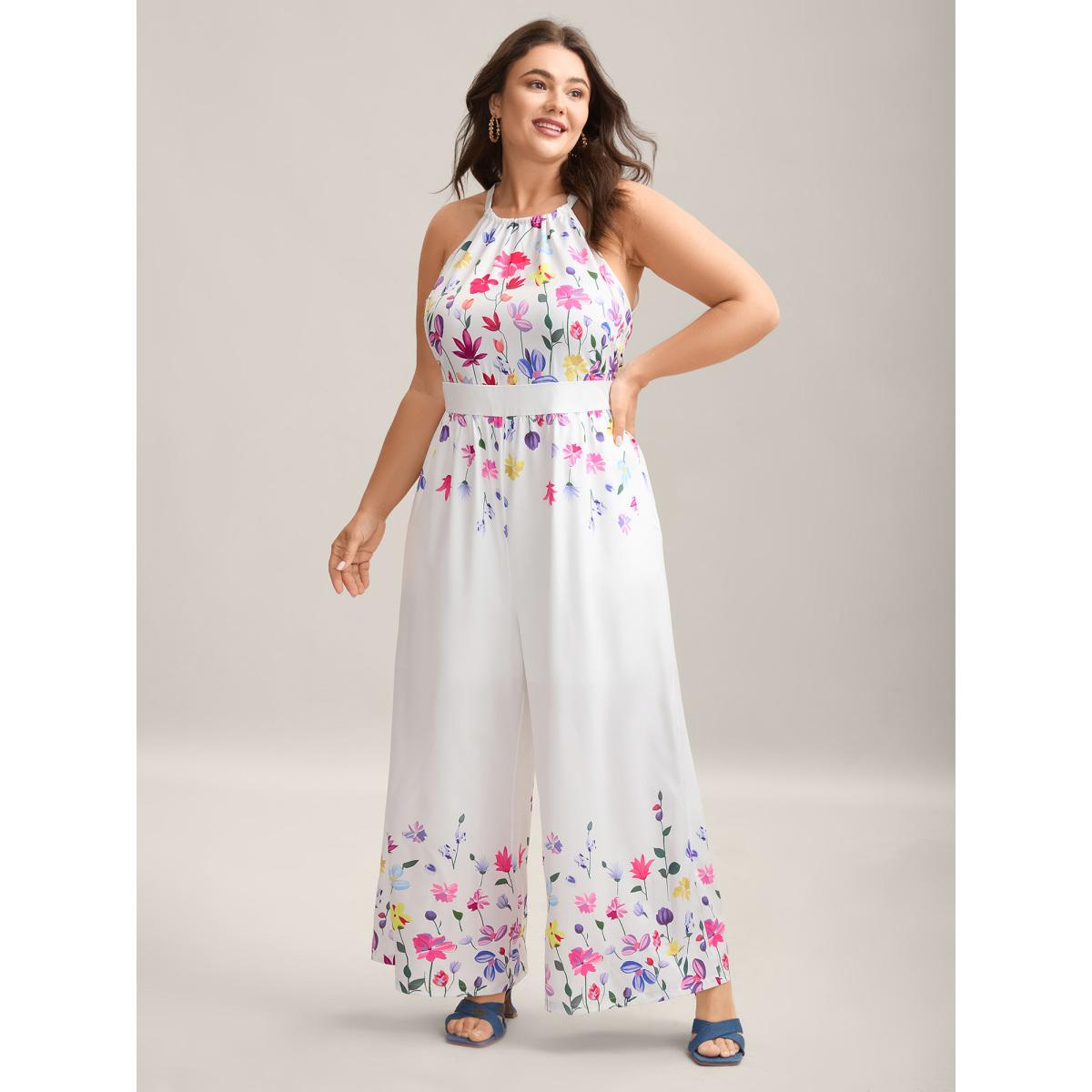 Plus Size WhiteSmoke Floral Dance Halter Neck Wide-Leg Jumpsuit Women Sleeveless Halter neck Everyday-Elegant Loose Jumpsuits BloomChic 14-16/1X Product Image
