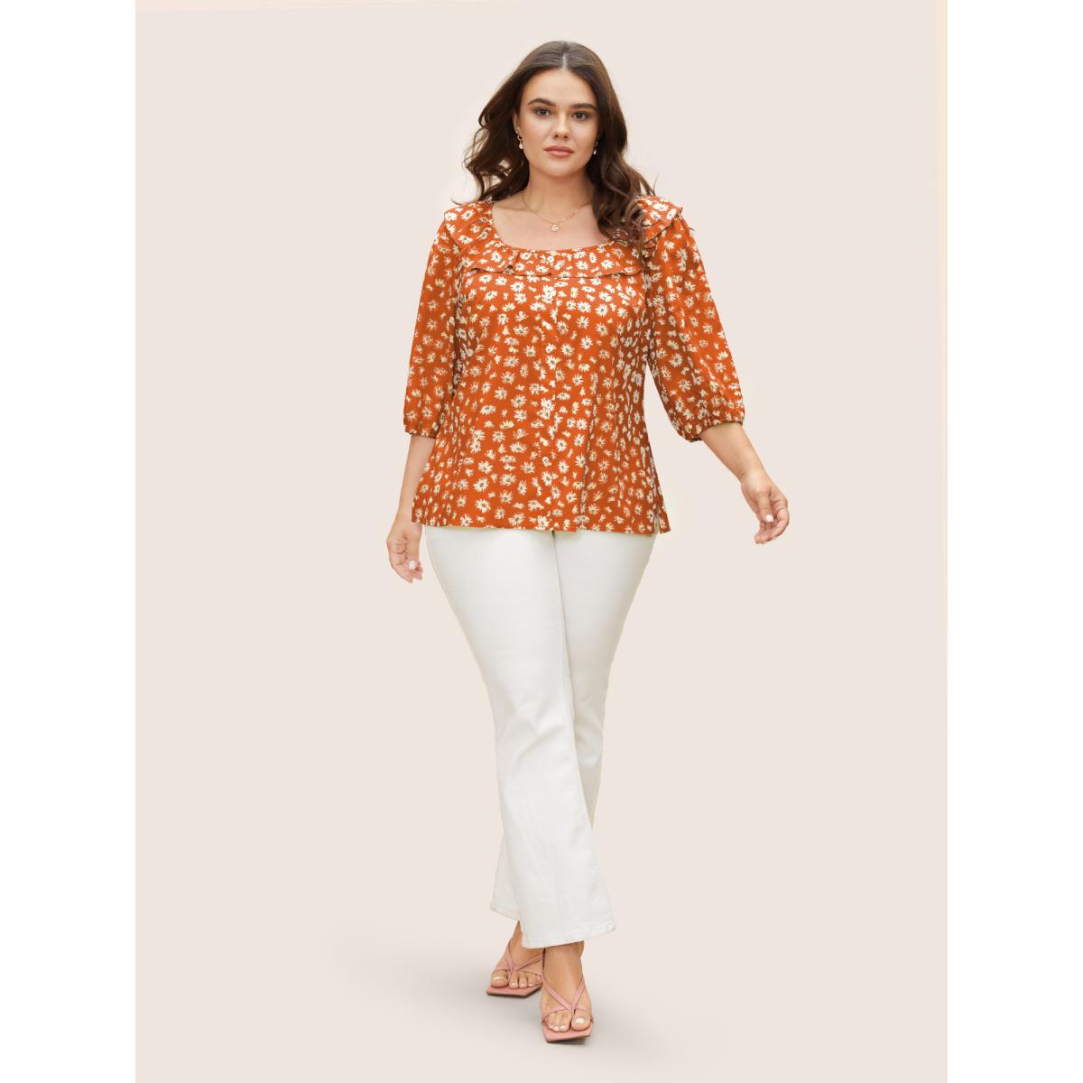 Plus Size Brightorange Daisy Patterned Ruffled Collar Blouse Women Elegant Elbow-length sleeve Square Neck Everyday Blouses BloomChic 22-24/3X Product Image