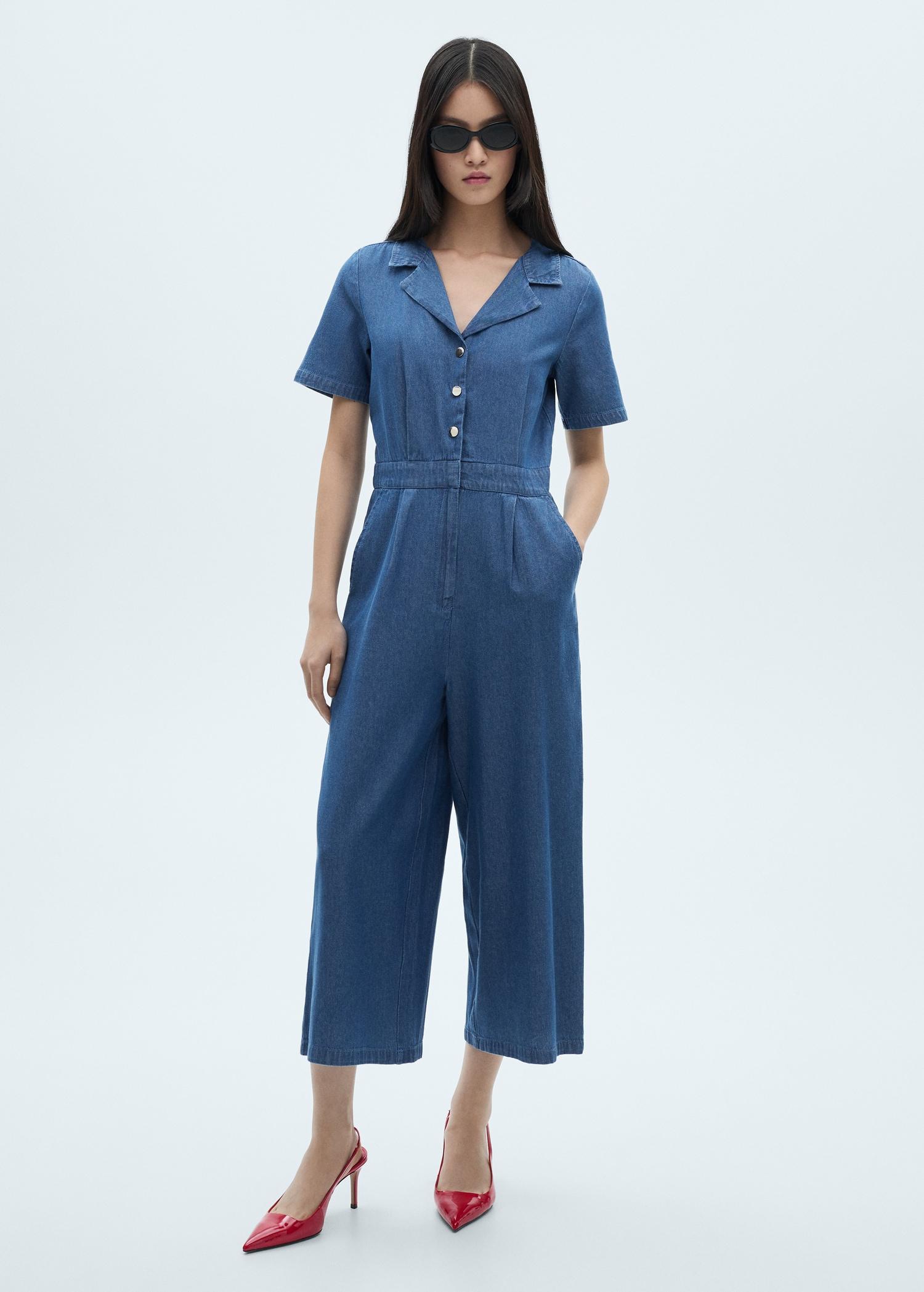 Short-sleeved denim jumpsuit - Women | MANGO USA Product Image
