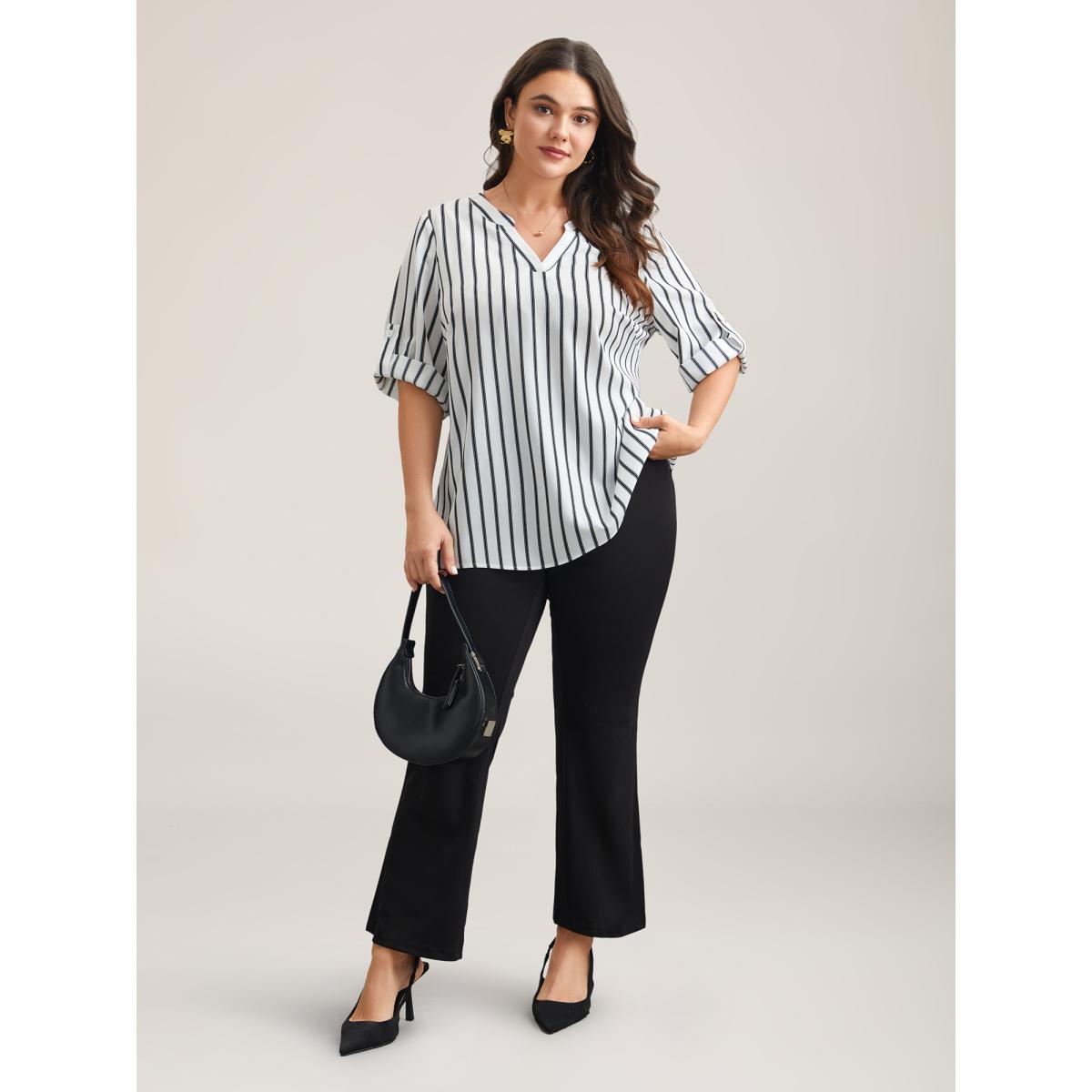 Plus Size WhiteSmoke Notched Collar Striped Tab Sleeve Shirt Women Office Elbow-length sleeve Notched collar Office Blouses BloomChic 28/5X Product Image