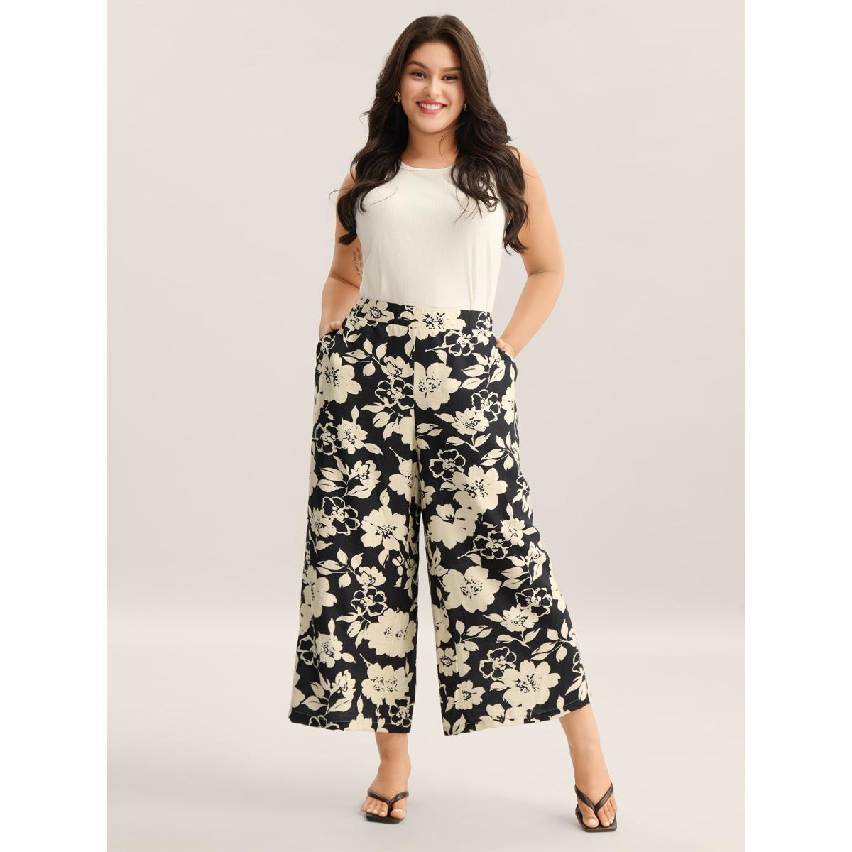 Plus Size Floral Print Pull-On Wide-Leg Pants Women BlackFlower Elegant Wide Leg Mid Rise Elegant Pants BloomChic 28/5X Product Image