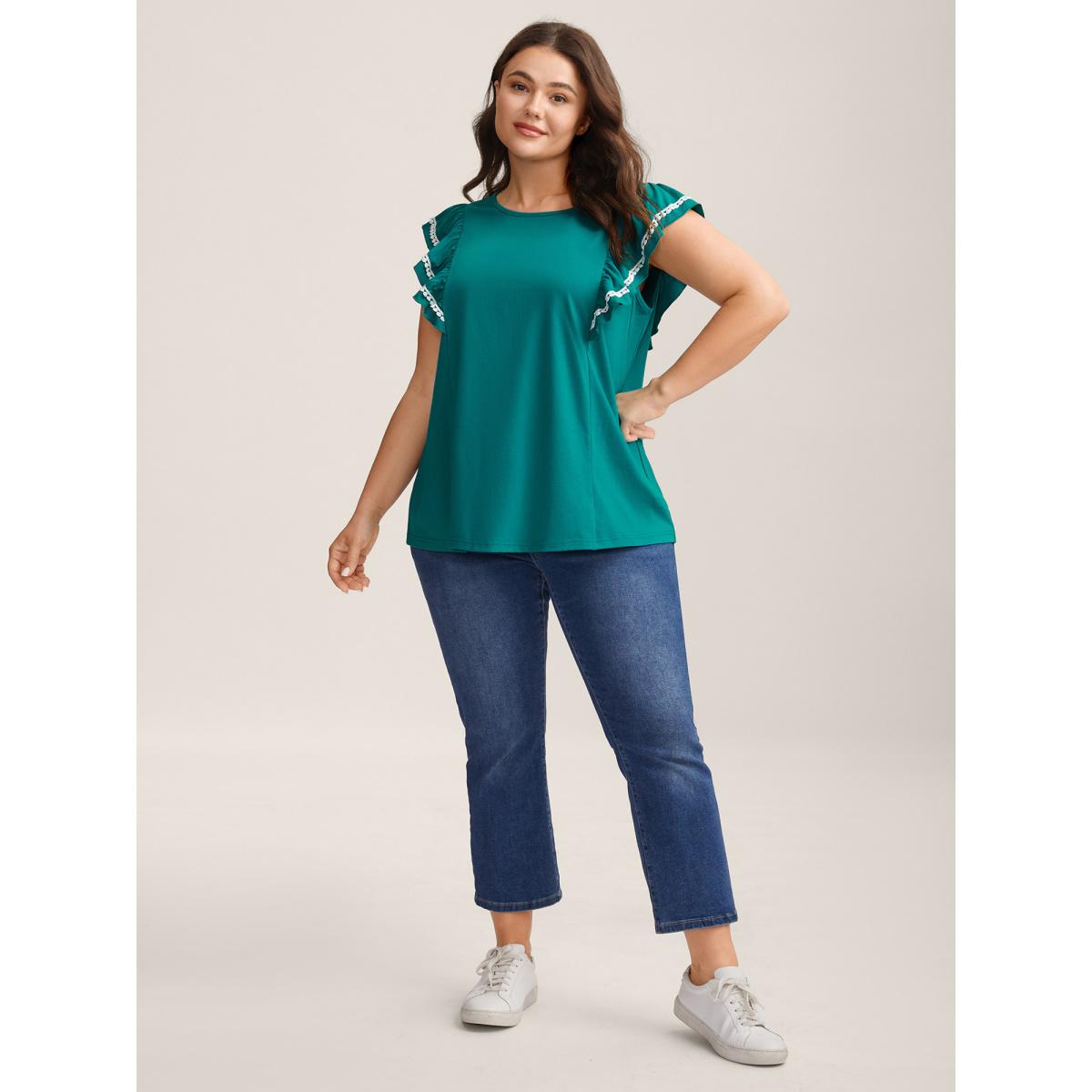 Plus Size Color Contrast Lace Flutter Sleeve Sleeveless Top Women Teal Woven ribbon&lace trim Round Neck Everyday-Casual Tank Tops Camis BloomChic 12/L Product Image