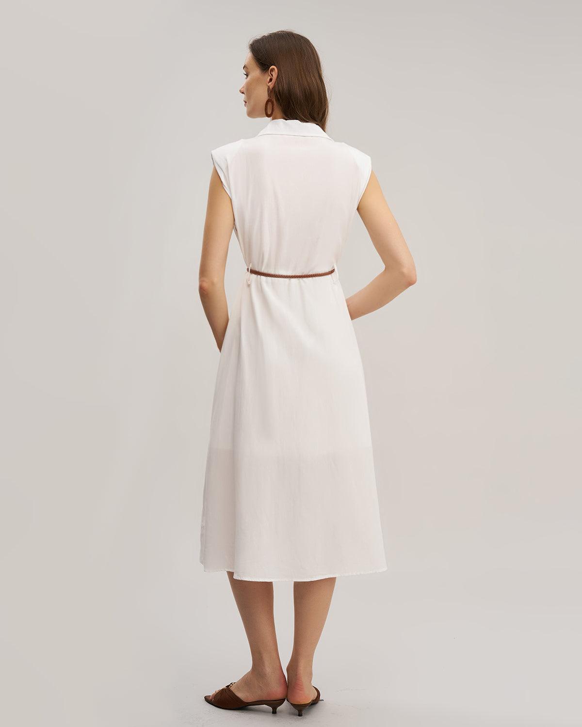 White Sleeveless Belted Midi Dress Product Image