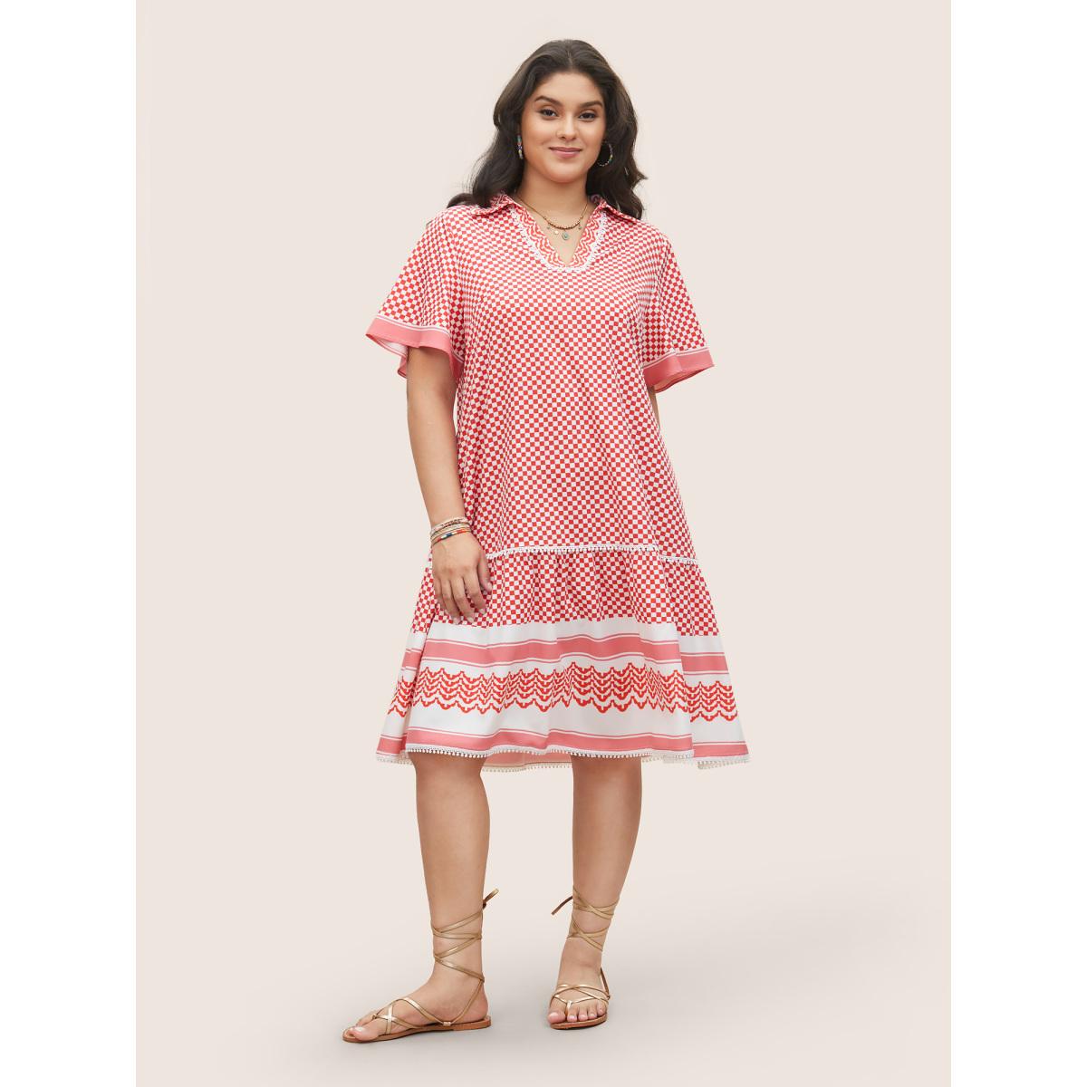 Plus Size Gingham Patchwork Lapel Collar Ruffle Sleeve Dress Raspberry Women Resort Non Lapel Collar Short sleeve Curvy Midi Dress BloomChic 28/5X Product Image