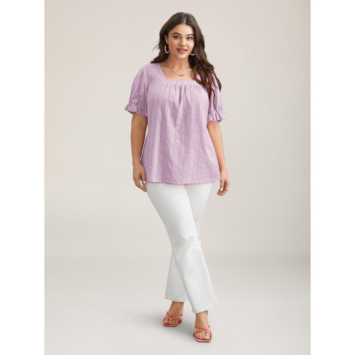 Plus Size Lilac Cotton Square Neck Ruffled Sleeve Shirt Women Timeless Short sleeve Square Neck Elegant Blouses BloomChic 12/L Product Image