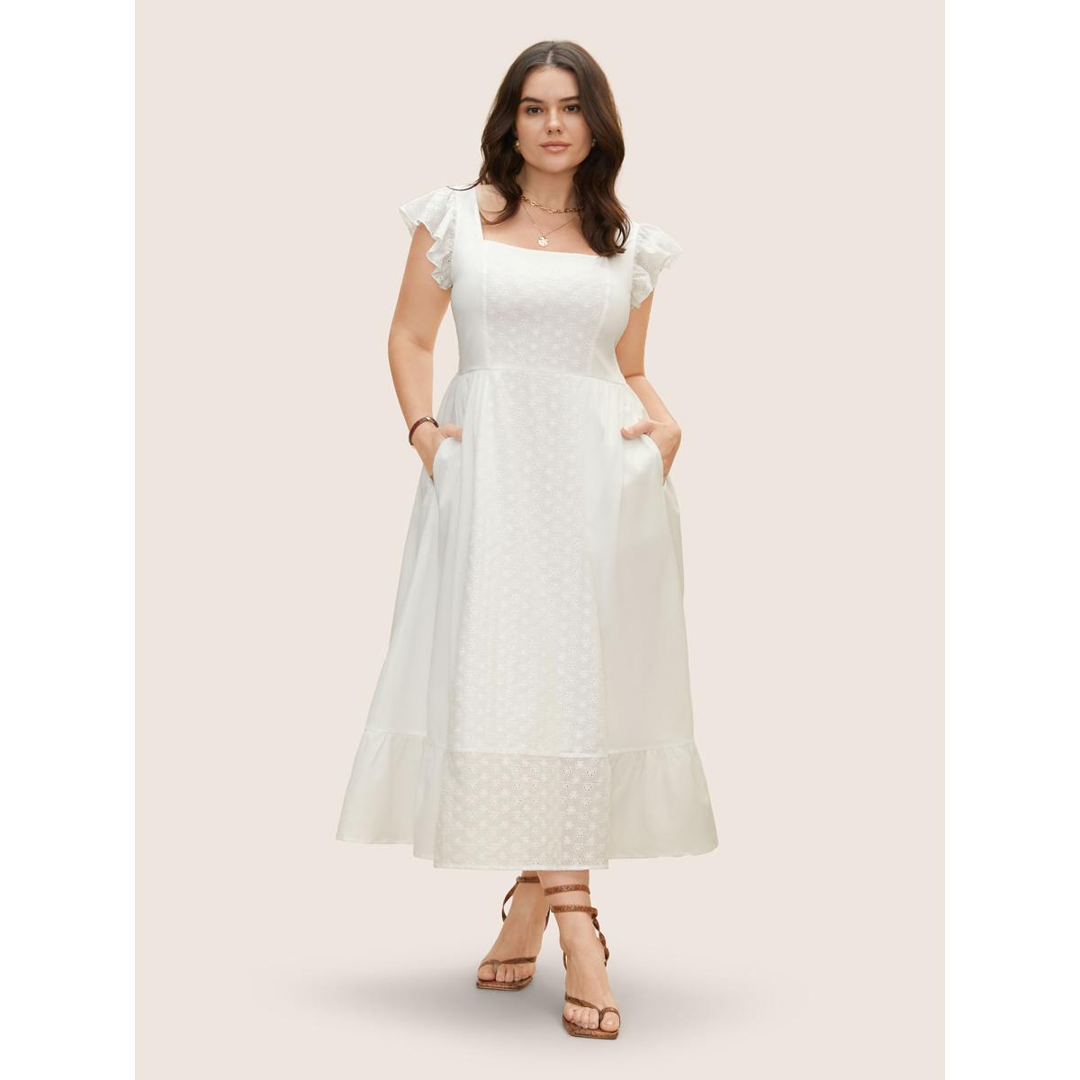 Plus Size Square Neck Broderie Anglaise Ruffle Cap Sleeve Dress Originalwhite Women Elegant Ruffles Square Neck Cap Sleeve Curvy BloomChic 18-20/2X Product Image