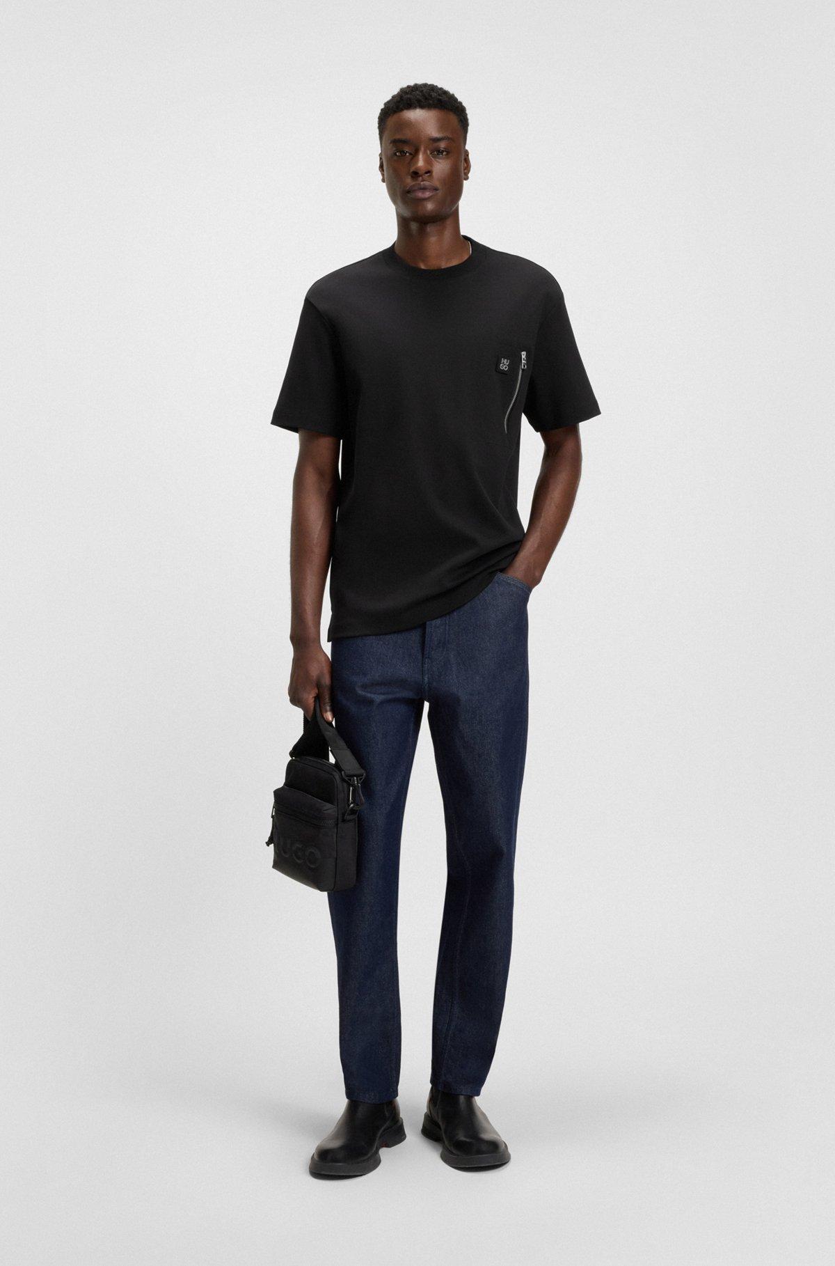 HUGO - Interlock-cotton T-shirt with zip pocket - Black Product Image