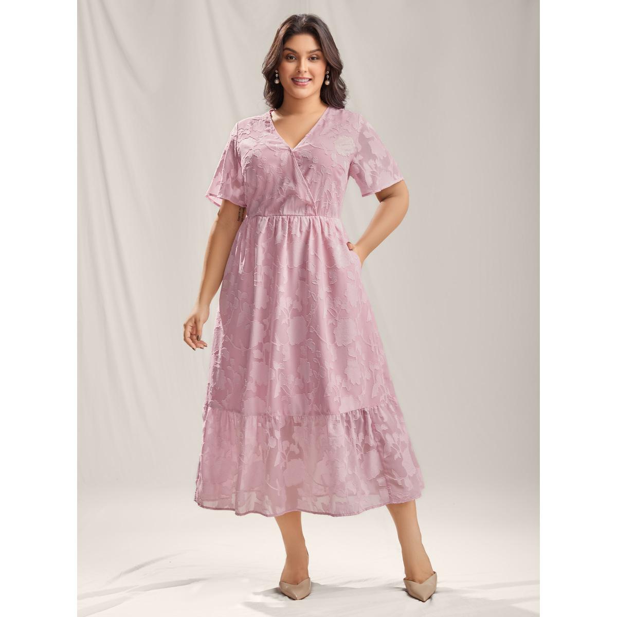 Plus Size Floral Textured Pockets Tiered Maxi Dress Lilac Women Overlap Collar Short sleeve Curvy BloomChic 18-20/2X Product Image
