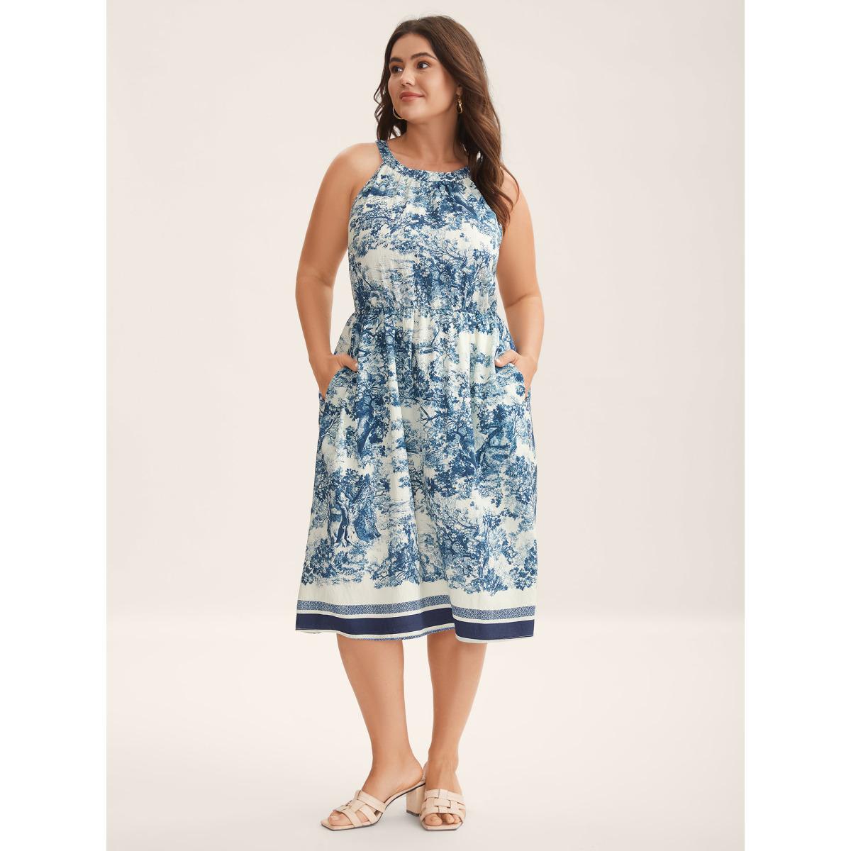 Plus Size Artistic Print Halter Neck Midi Dress Mediumblue Women Round Neck Sleeveless Curvy BloomChic 12/L Product Image