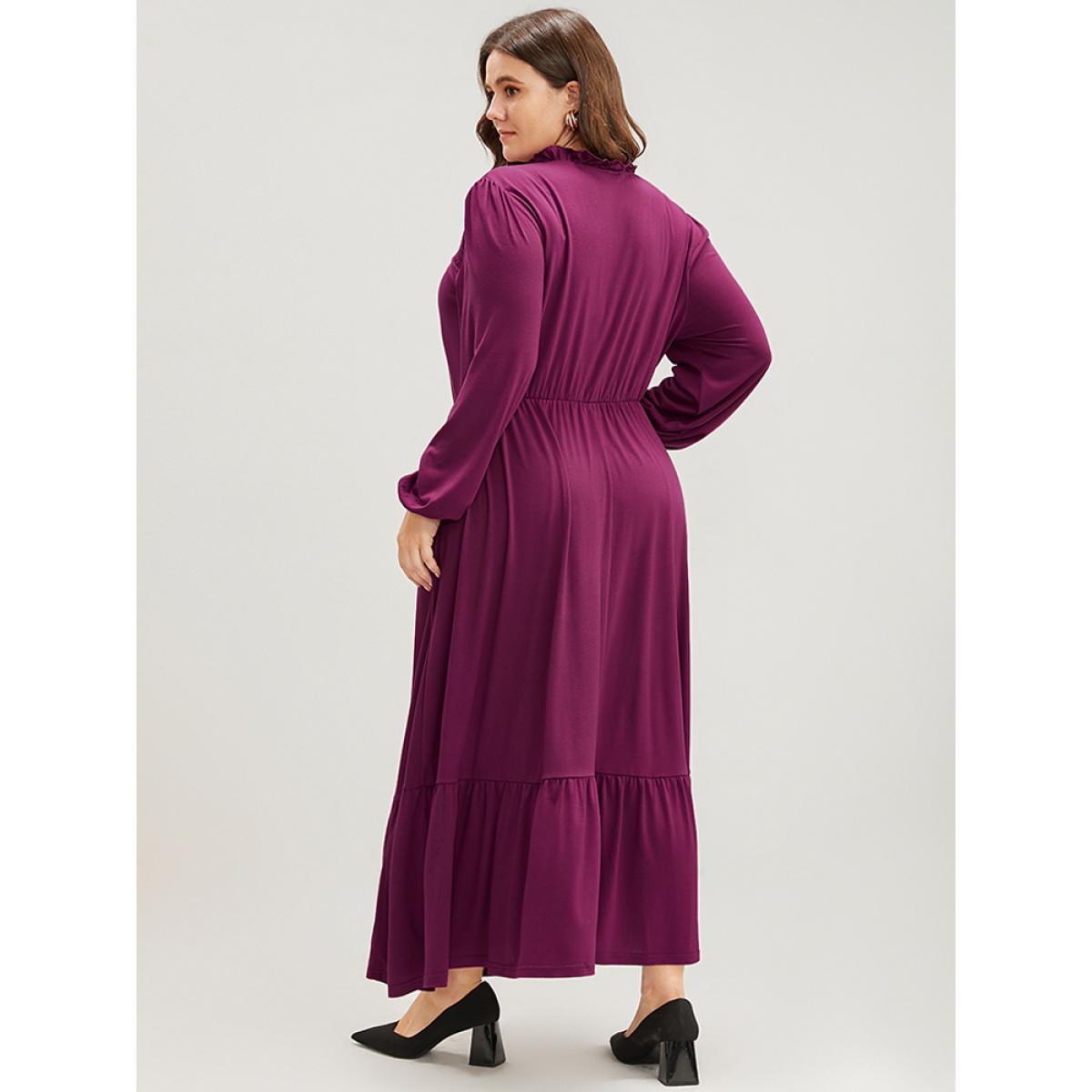 Plus Size Solid Frill Trim Shirred Lantern Sleeve Pocket Flutter Maxi Dress Purple Women Elegant Pocket Round Neck Long Sleeve Curvy Long Dress BloomChic 10/M Product Image