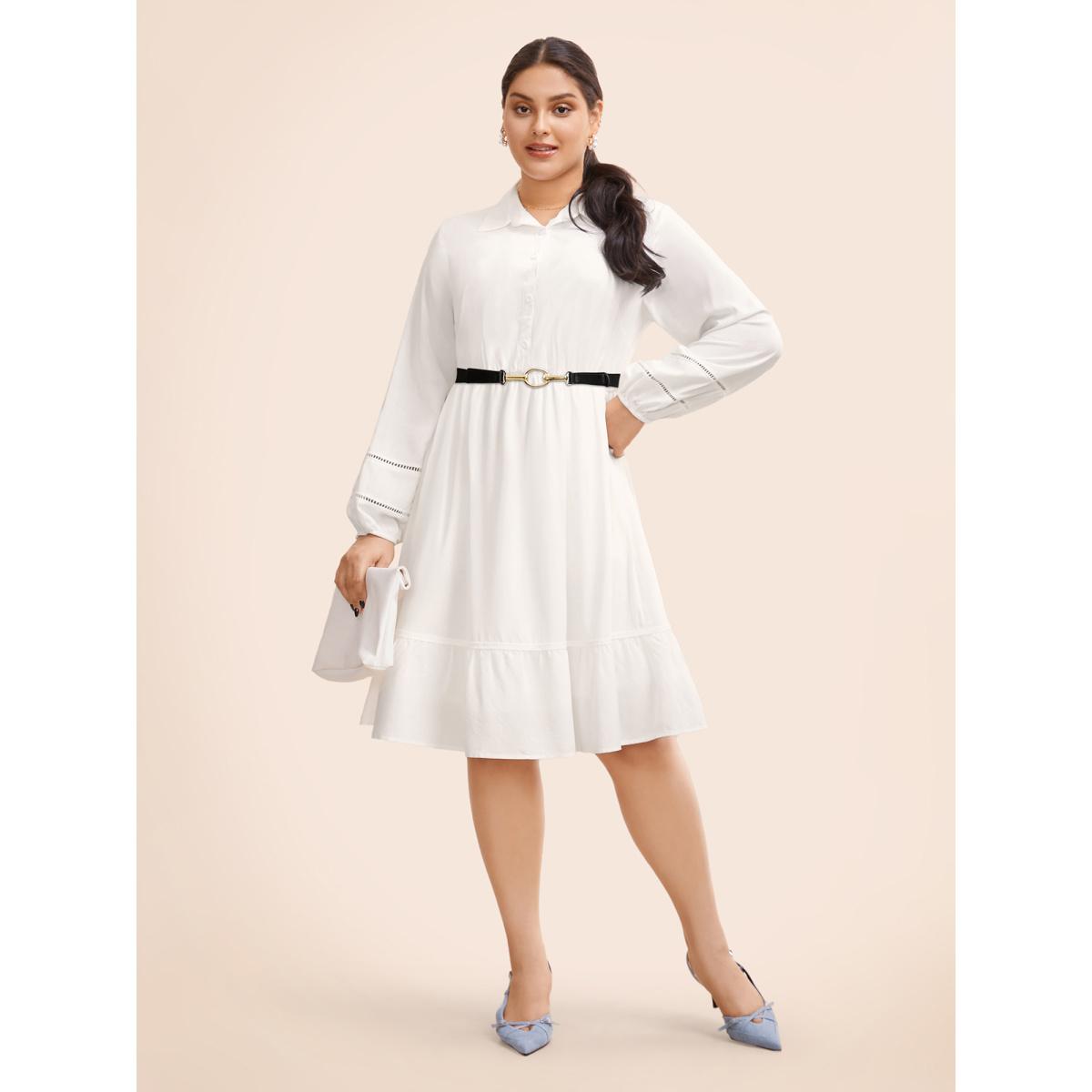 Plus Size Shirt Collar Button Detail Woven Ribbon Dress Originalwhite Women Workwear Essentials Woven ribbon&lace trim Shirt collar Long Sleeve Curvy BloomChic 22-24/3X Product Image