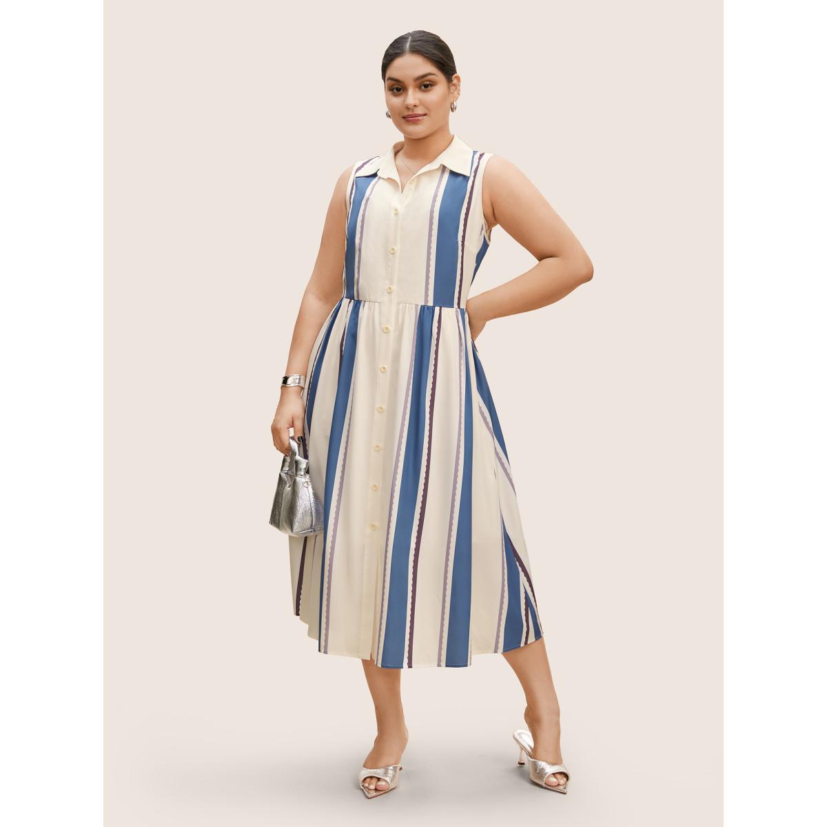 Plus Size Shirt Collar Contrast Striped Sleeveless Midi Dress LightBlue Women At the Office Contrast Shirt collar Sleeveless Curvy BloomChic 10/M Product Image