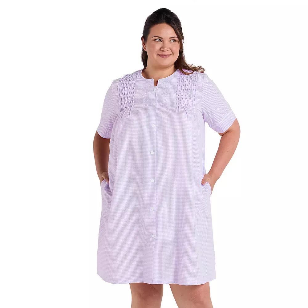 Plus Size Miss Elaine Essentials Seersucker Short Snap Robe, Womens Purple White Check Product Image