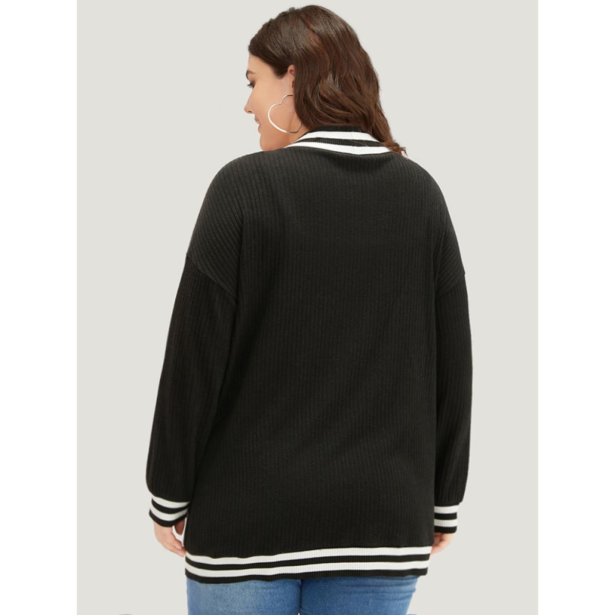 Plus Size Halloween Patchwork Striped Pocket Button Up Rib Knit Coat Women Black Casual Patchwork Ladies Dailywear Winter Coats BloomChic 30/6X Product Image