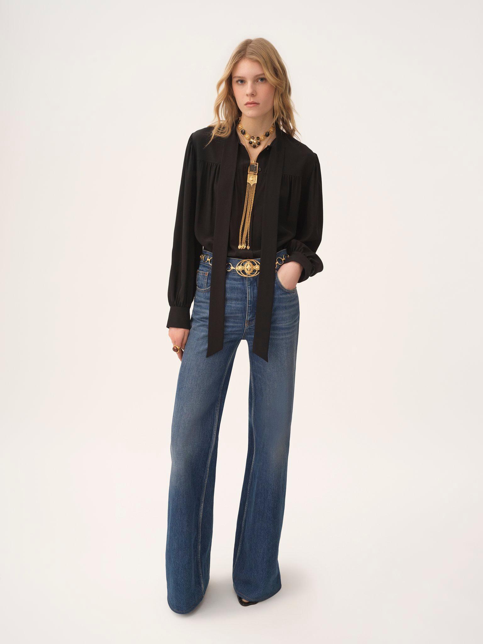 Maxi gathered lavallière blouse in crêpe de chine Product Image