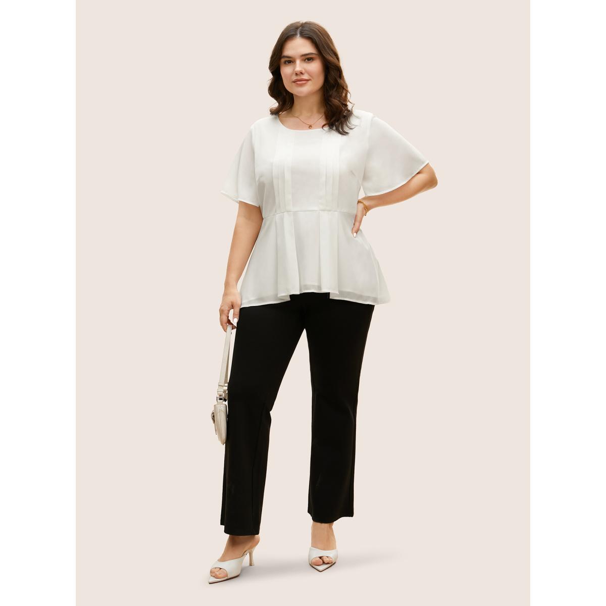 Plus Size Ivory Tiered Mesh Pleated Ruffle Sleeve Blouse Women At the Office Short sleeve Round Neck Work Blouses BloomChic 12/L Product Image