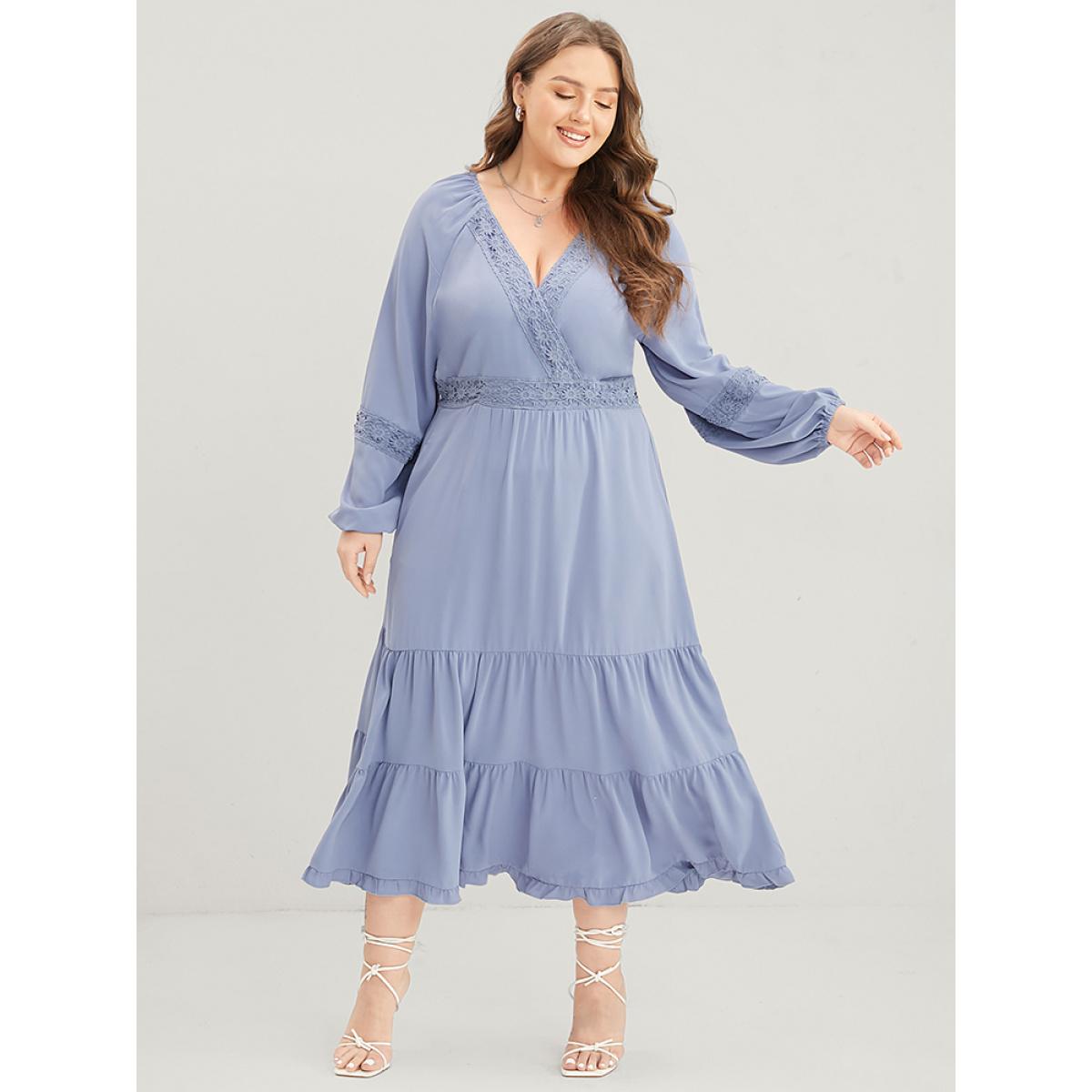 Plus Size Plain Wrap Pocket Lantern Sleeve Contrast Lace Ruffle Tiered Dress Stone Women Elegant Patchwork V-neck Long Sleeve Curvy Midi Dress BloomChic 14-16/1X Product Image