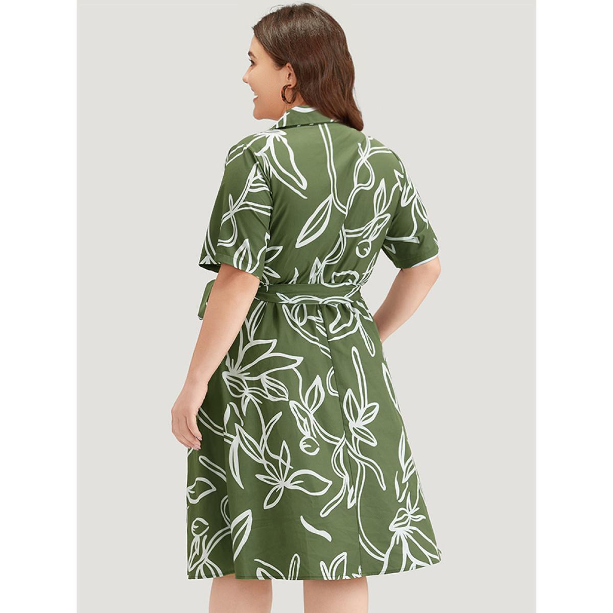 Plus Size Graphic Print Belted Shirt Collar Button Up Dress Sage Women Office Belted Shirt collar Short sleeve Curvy Midi Dress BloomChic 30/6X Product Image