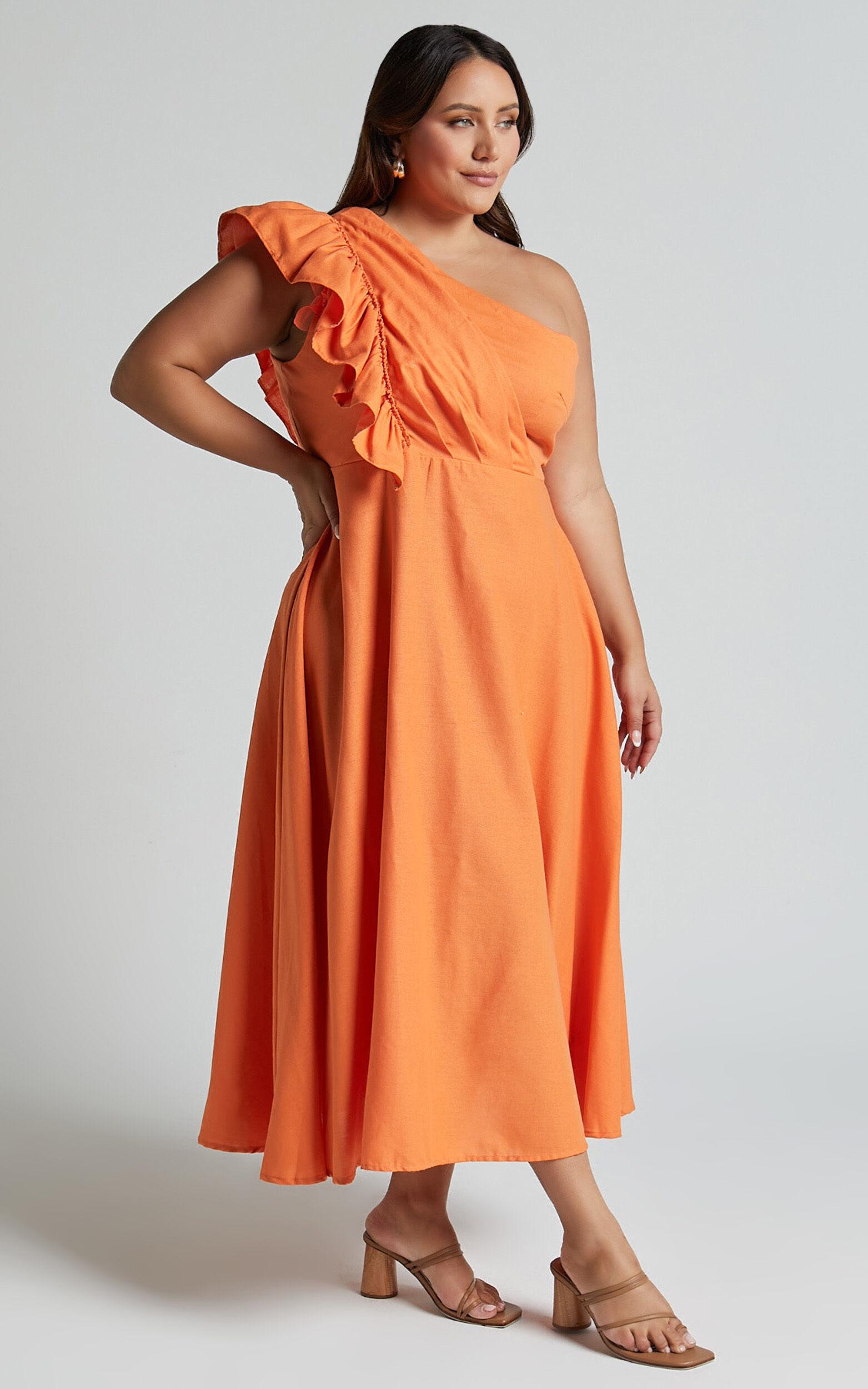 Dixie Midi Dress - Linen Look One Shoulder Ruffle Dress in Orange Product Image