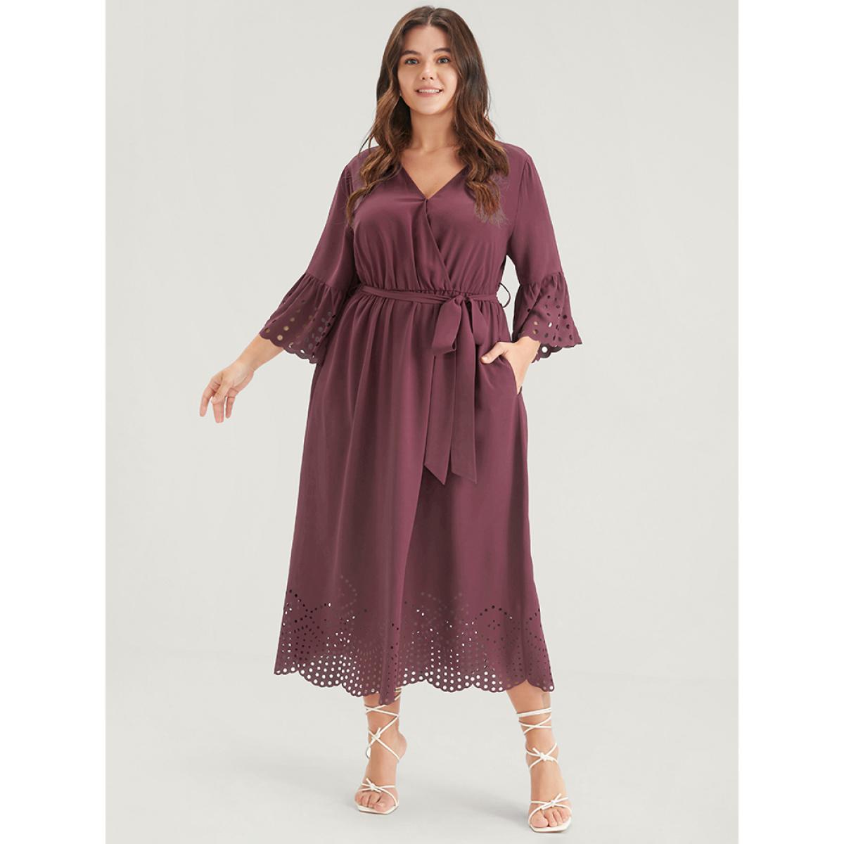 Plus Size Plain Scalloped Ruffles Pocket Laser Cut Belted Wrap Dress DustyPink Women Elegant Belted V-neck Elbow-length sleeve Curvy Midi Dress BloomChic 12/L Product Image
