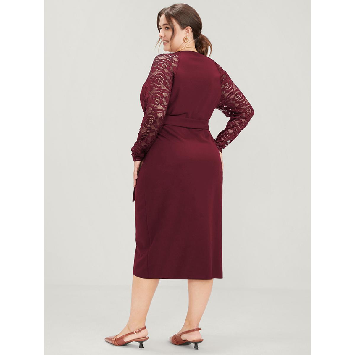 Plus Size Solid Button Eyelet Lace Belted Wrap Knee Dress Burgundy Women Elegant Cross straps V-neck Long Sleeve Curvy Midi Dress BloomChic 18-20/2X Product Image