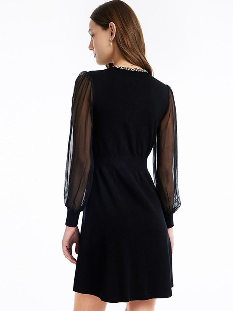 Tulle Sleeve V-Neck Double-Breasted Mini Dress Product Image