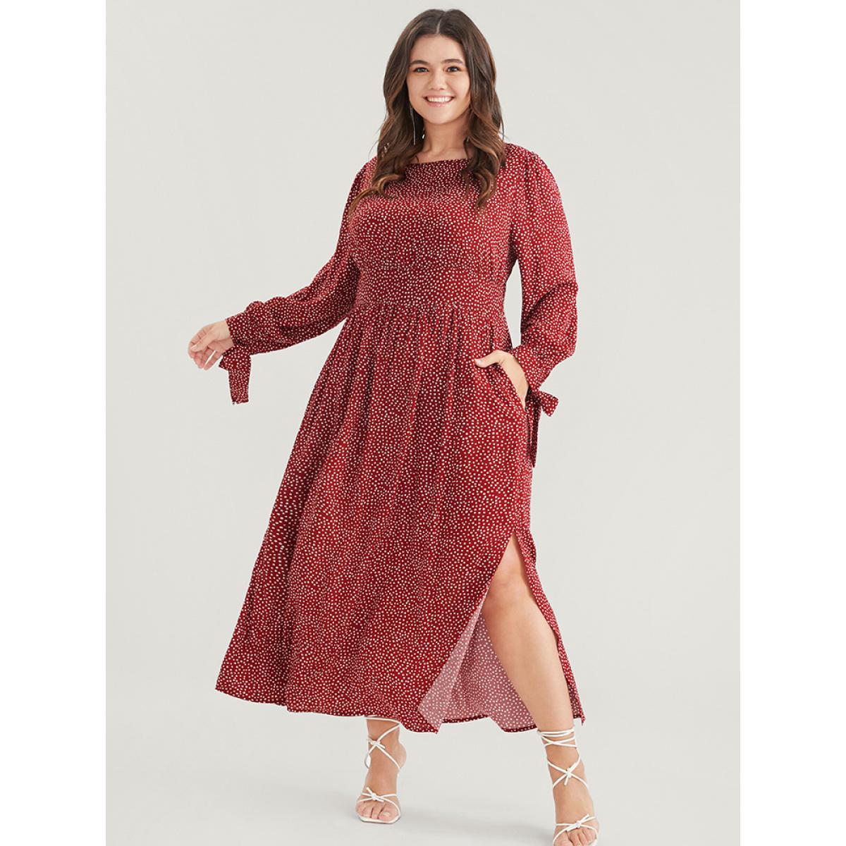 Plus Size Polka Dot Knotted Sleeve Pocket Shirred Split Dress Scarlet Women Elegant Cross straps Round Neck Long Sleeve Curvy Midi Dress BloomChic 14-16/1X Product Image