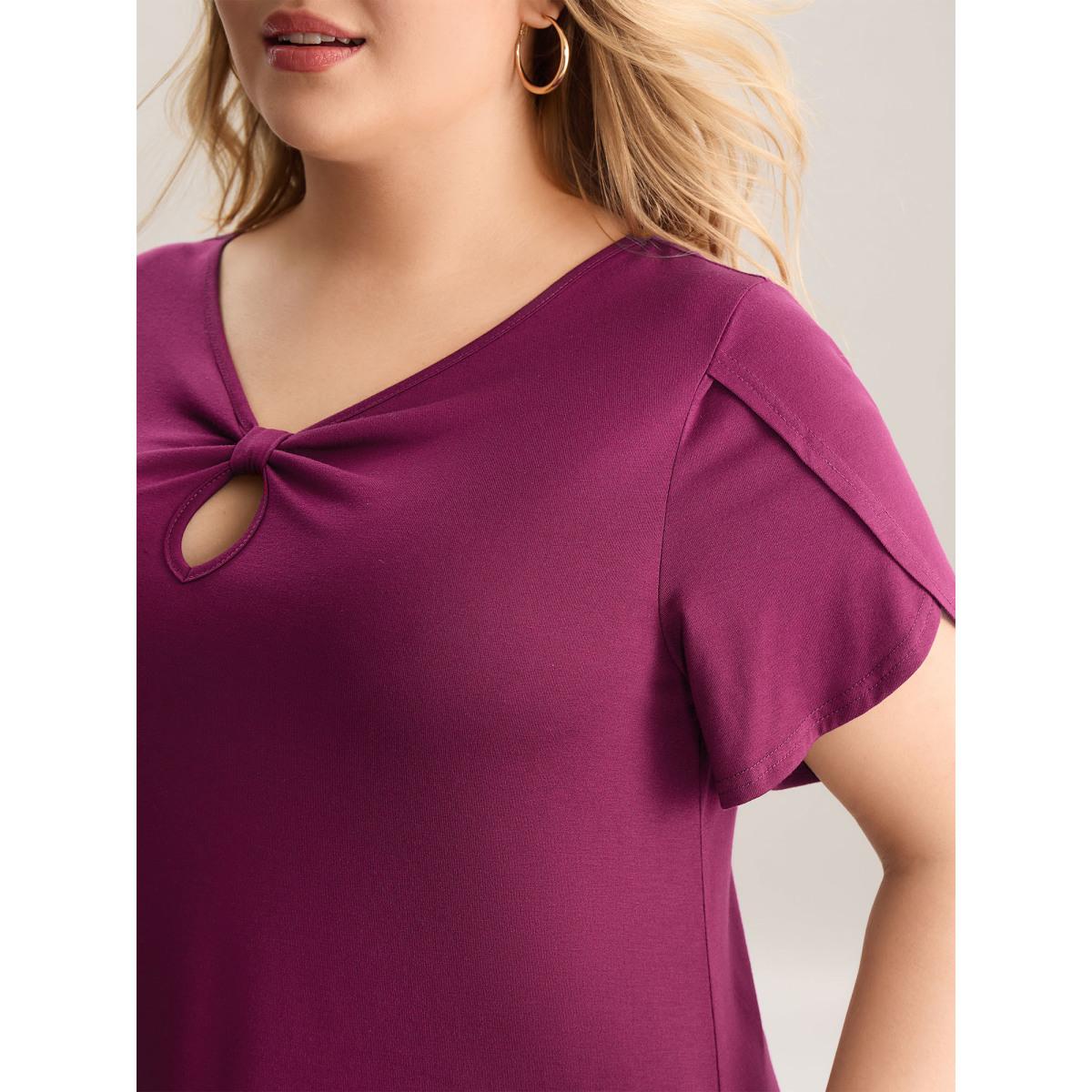 Plus Size Petal Sleeve Keyhole Plain T-Shirt RedViolet Women Petal edge V-neck Everyday-Casual T-shirts BloomChic 18-20/2X Product Image