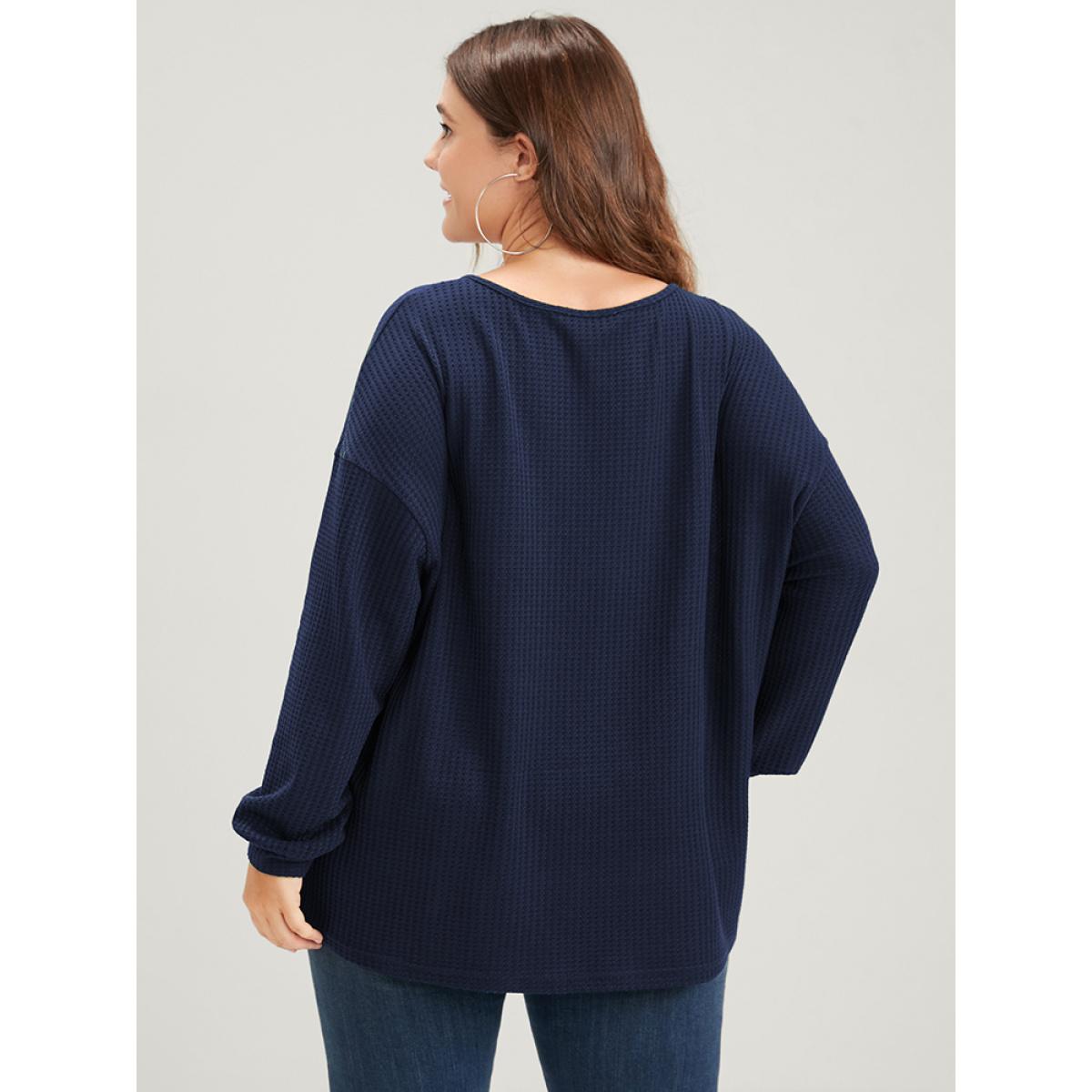 Plus Size Solid Fake Button Waffle Knit Drop Shoulder Sweatshirt Women DarkBlue Elegant Plain V-neck Dailywear Sweatshirts BloomChic 10/M Product Image