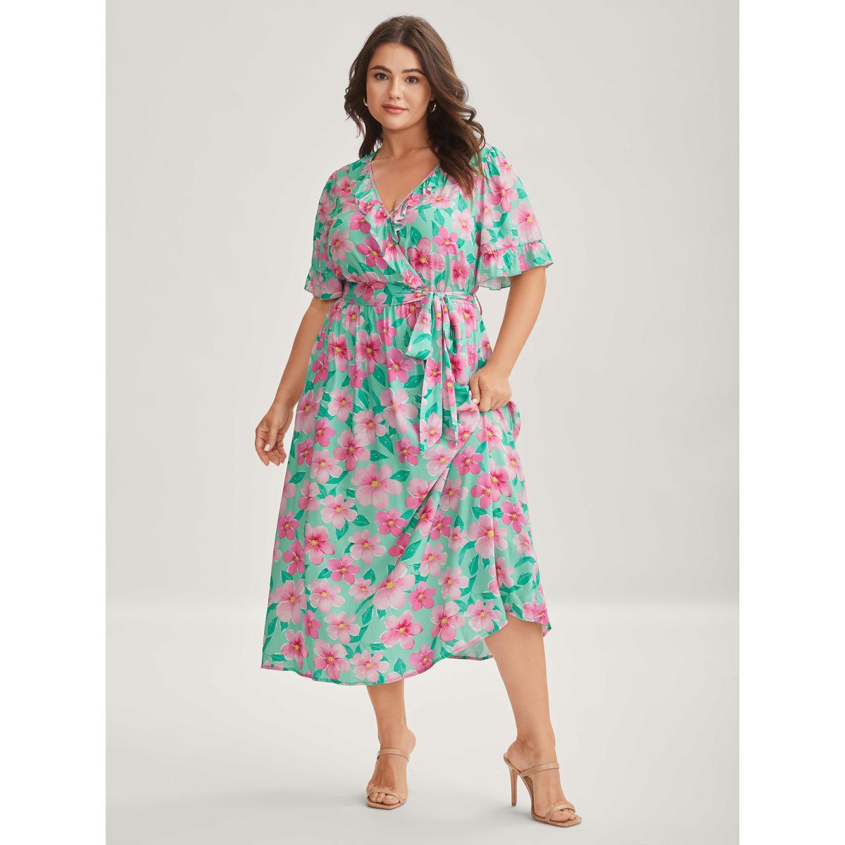 Plus Size Rayon Floral Print Pockets Midi Dress Multicolor Women Overlap Collar Short sleeve Curvy BloomChic 28/5X Product Image