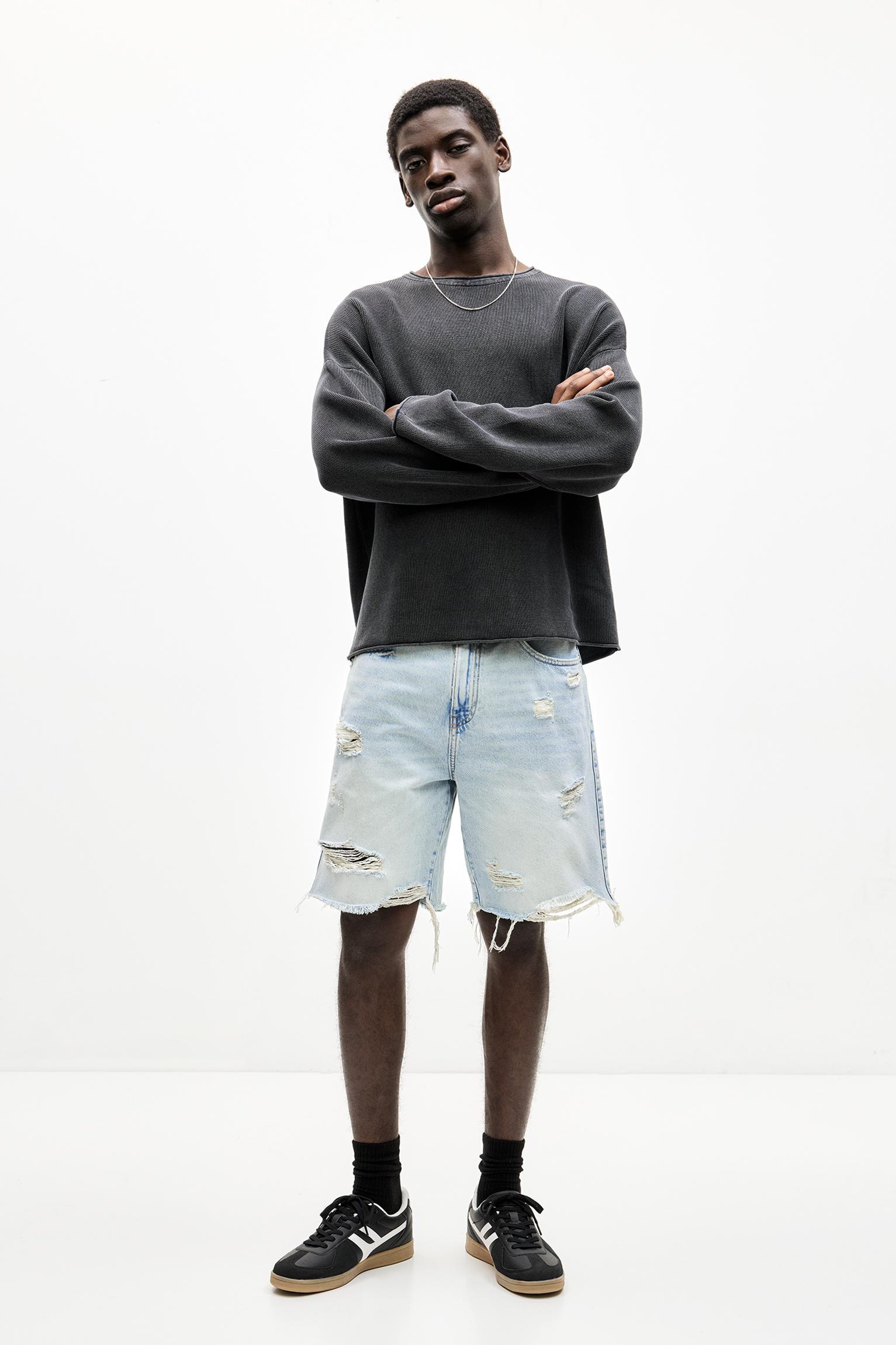 Ripped straight fit denim Bermuda shorts Product Image