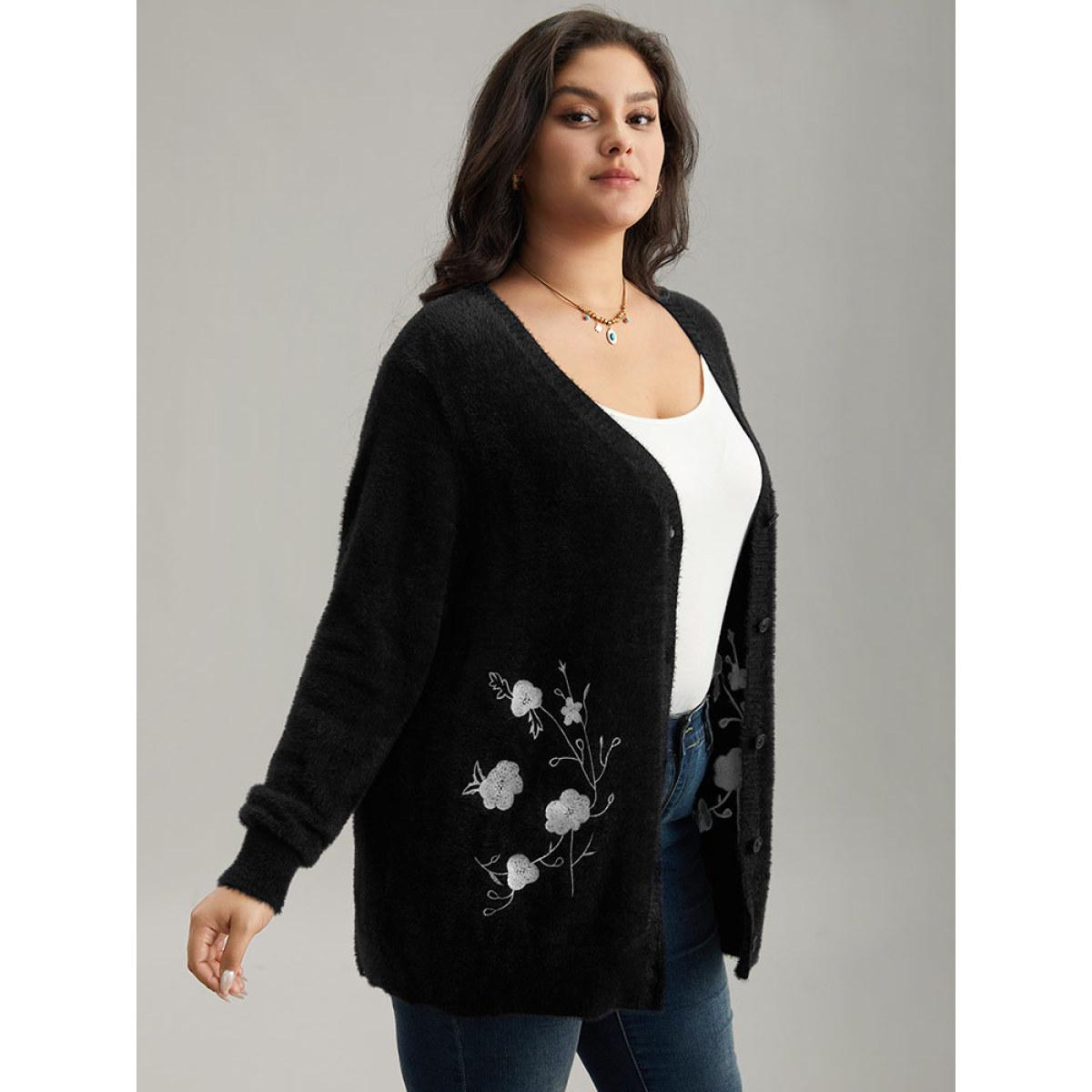 Plus Size Floral Embroidered Fuzzy Open Front Cardigan Black Women Casual Loose Long Sleeve Everyday Cardigans BloomChic 26/4X Product Image