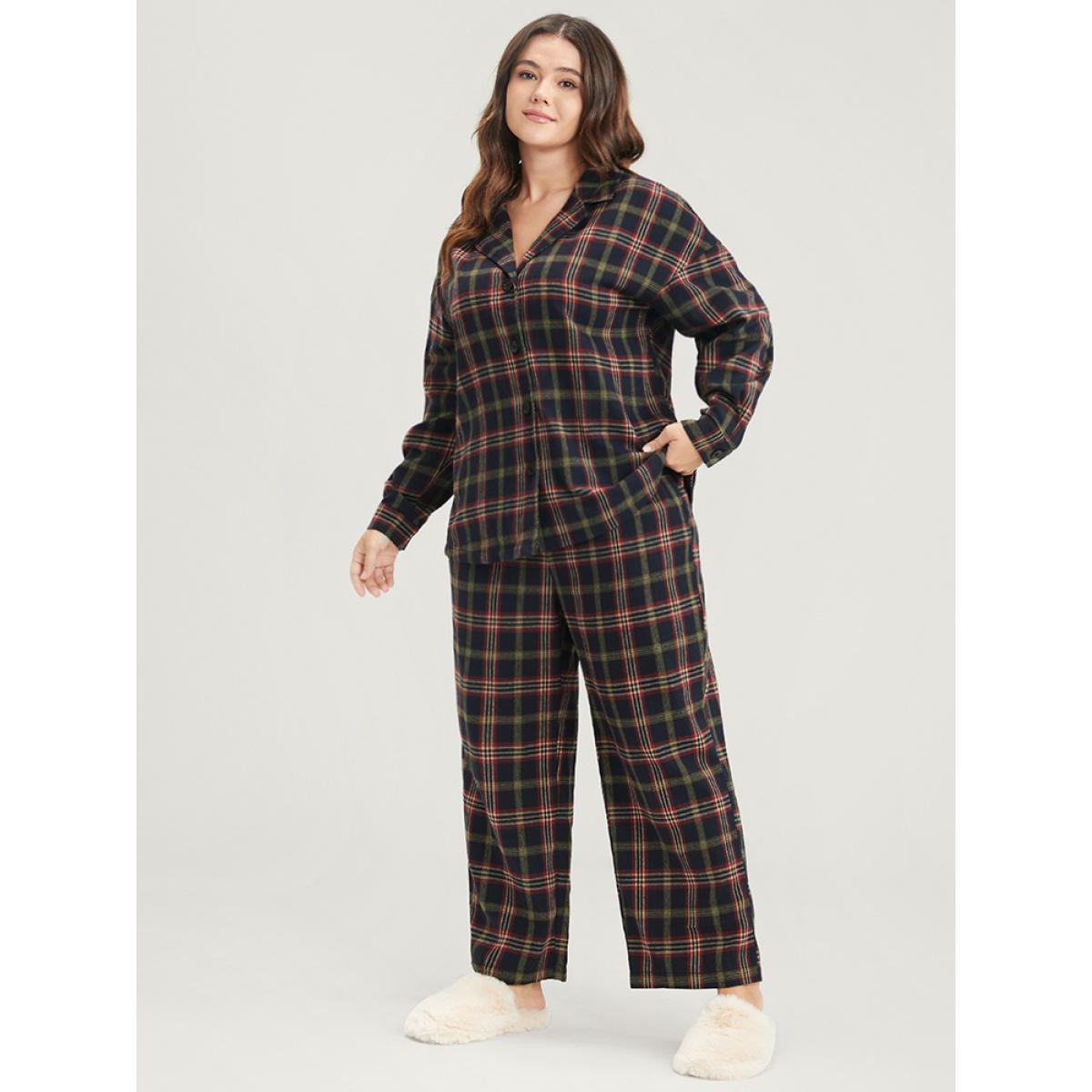 Plus Size Plaid Pocket Button Through Pajama Set Women DarkBlue Plaid Button Long Sleeve Shirt collar Casual Loungewear Sets BloomChic 10/M Product Image
